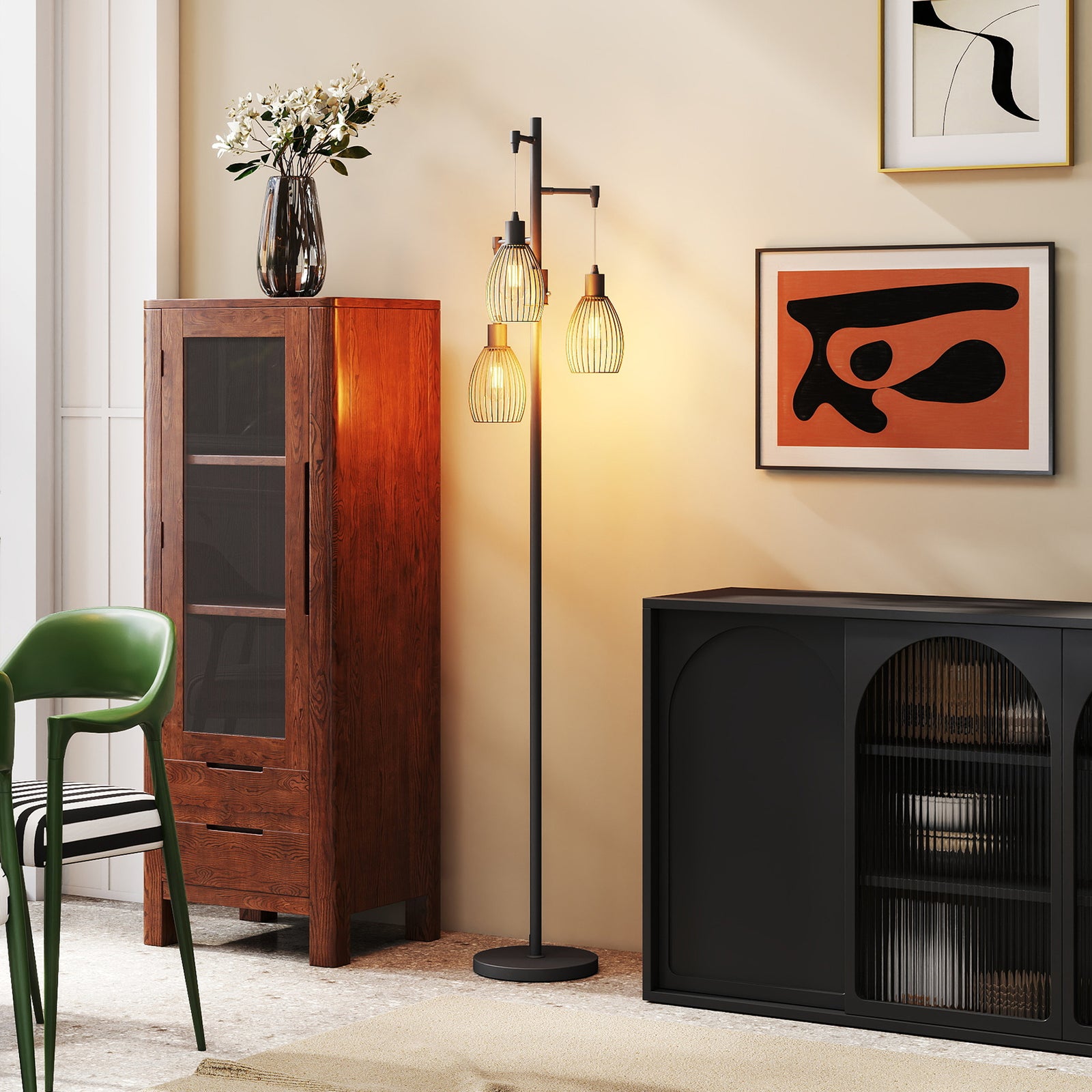 HOMCOM Industrial 3-light Floor Lamp Dimmable Led Standing Lamp, Black