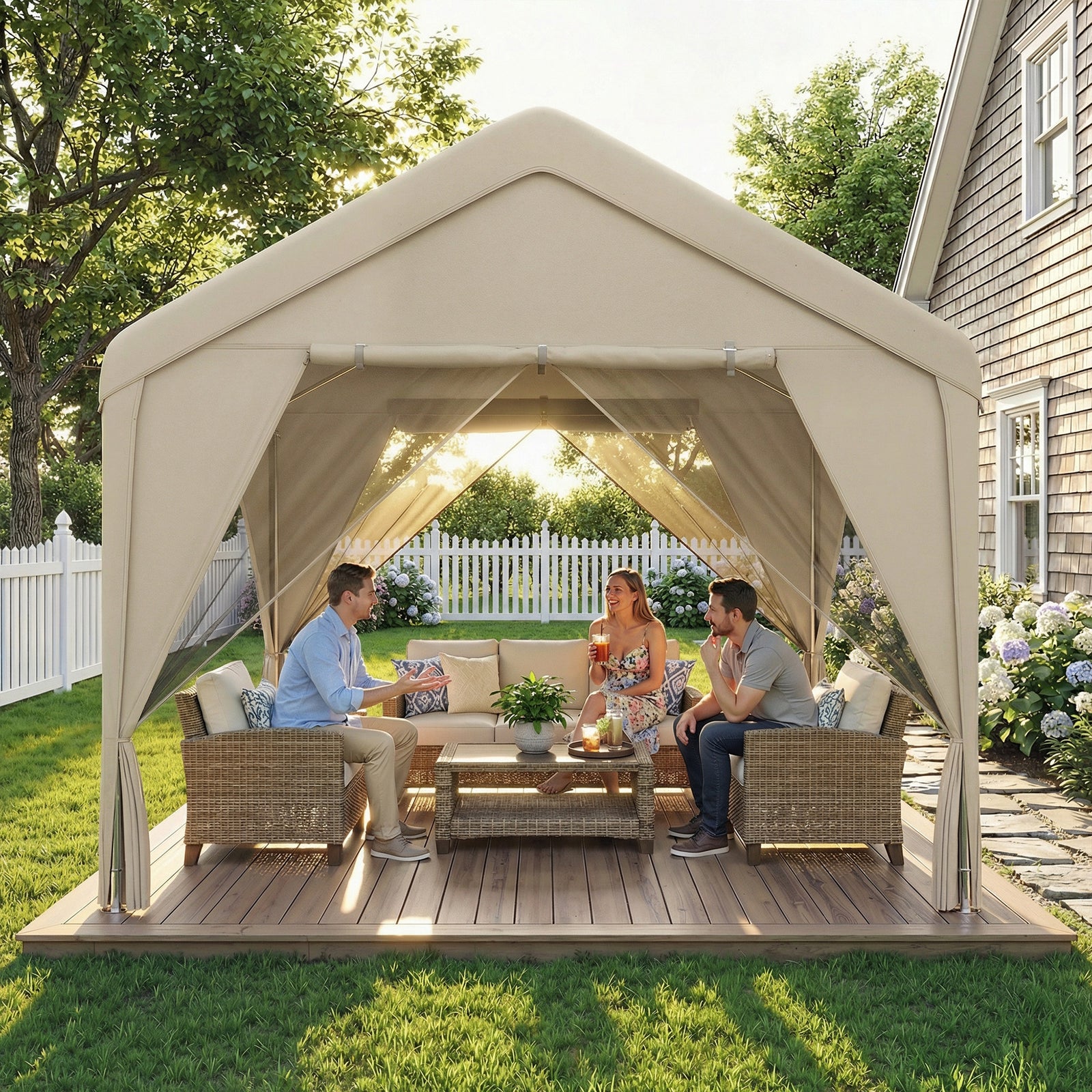 3 X 3 M Outdoor Patio Gazebo With Netting And Curtains | Khaki