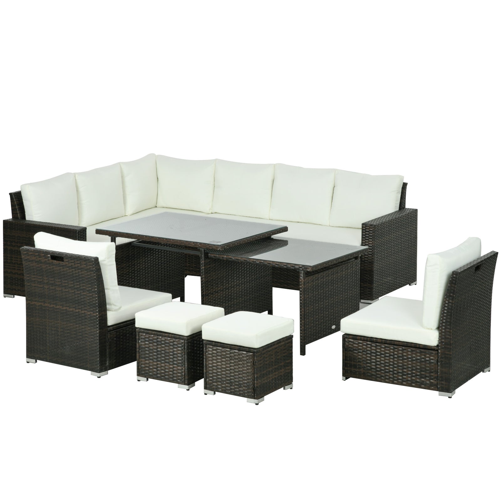 Sofa Sectional W/ Cushioned Seat, Footstools And Glass Table | Cream