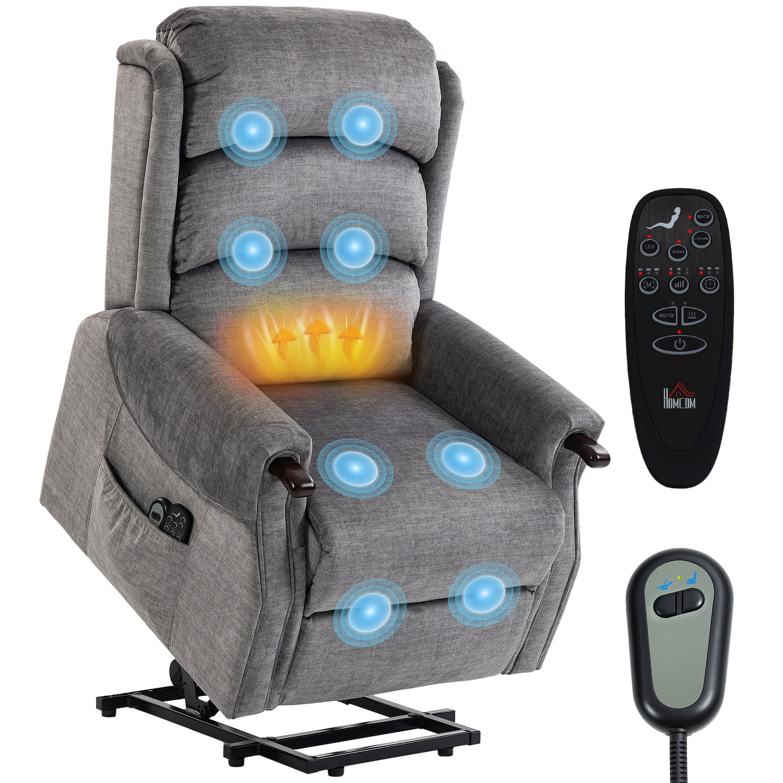 Power Lift Recliner Chair With Vibration And Heat, Wood Grip | Light Grey