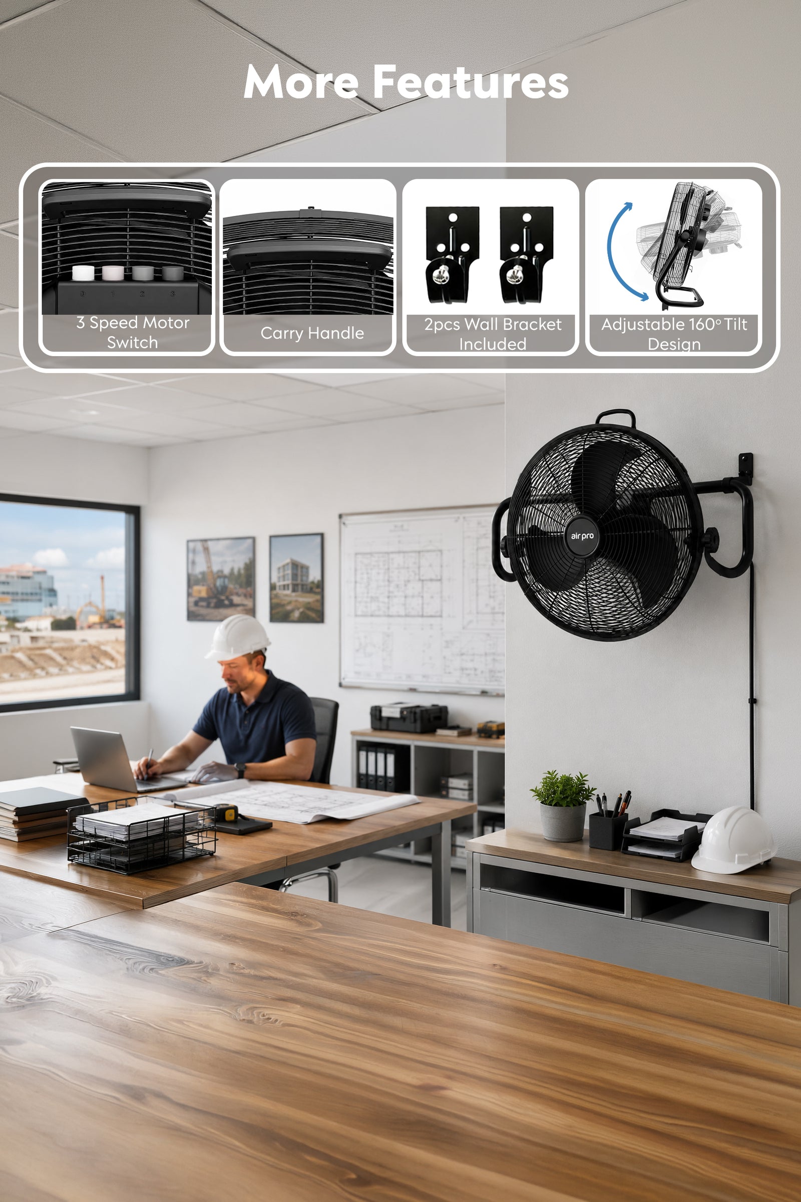 Air Pro 20'' Wall Fan Cooling Fan Wall Mounted - Electric Fan 3 Speeds