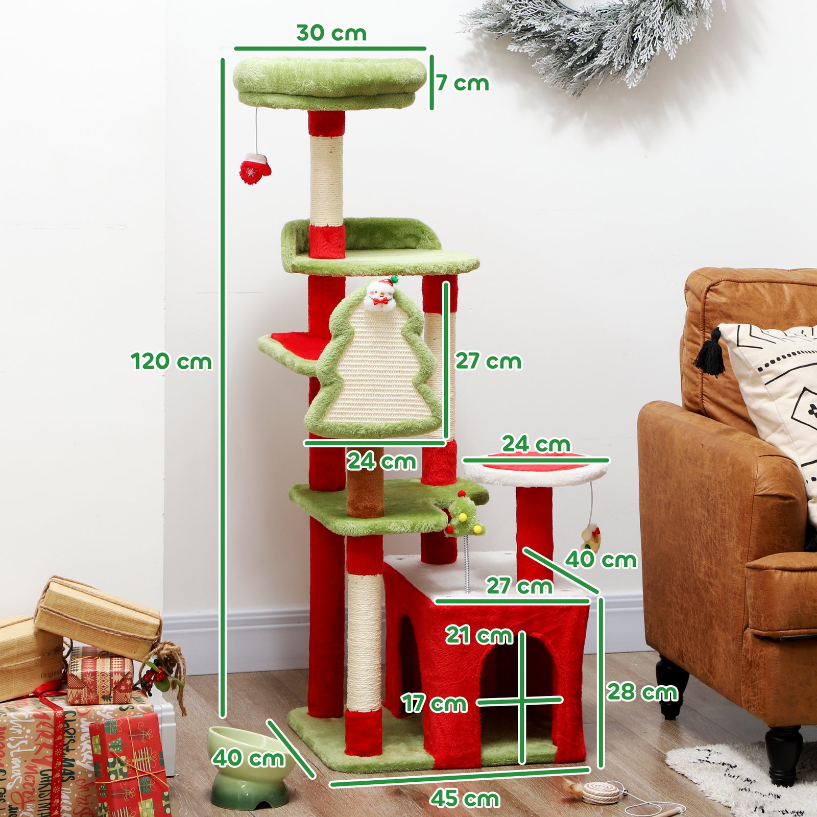 120cm Cat Tree, Christmas Cat Tower With 3 Sisal Scratching Posts, Green