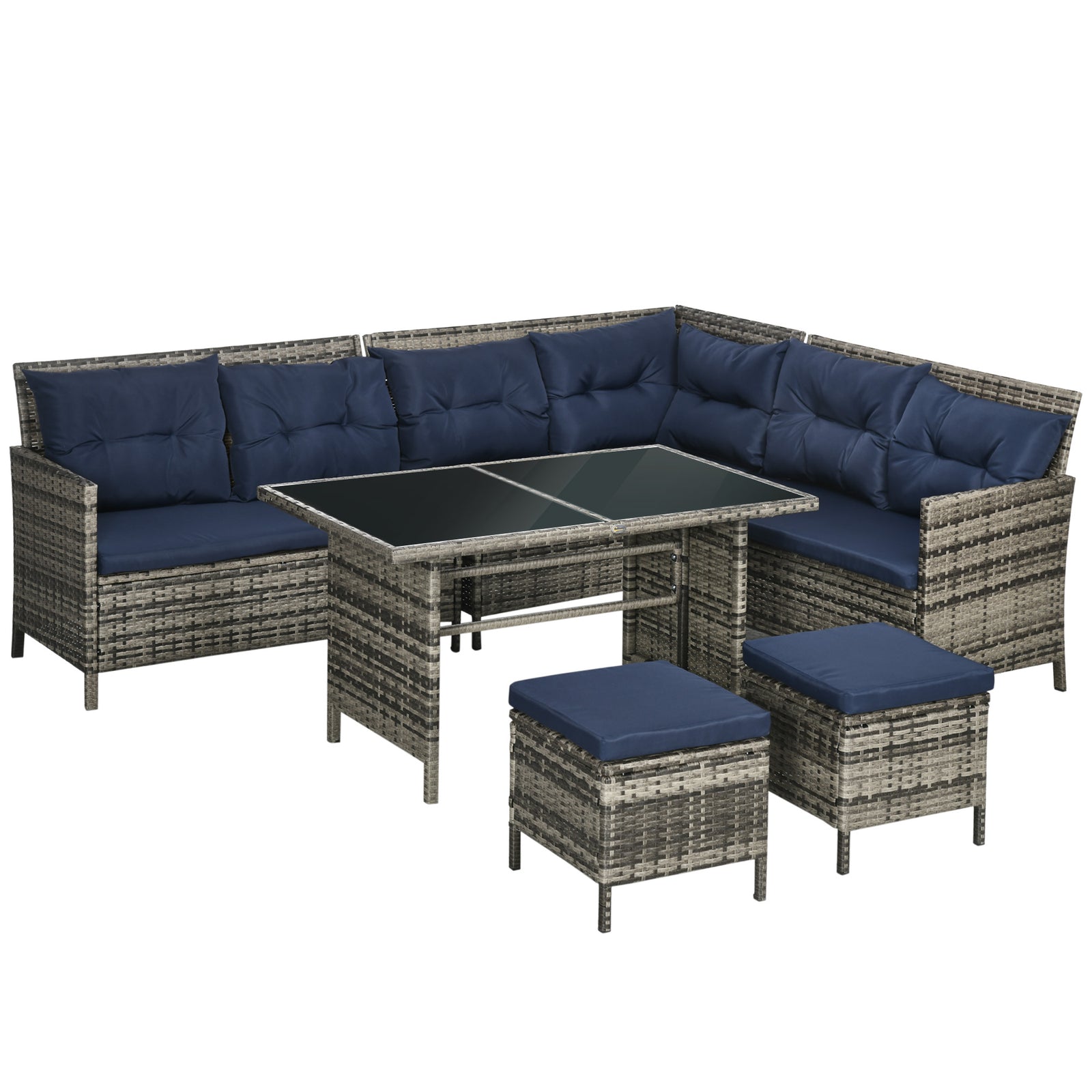 6 Pcs Patio Wicker Dining Set Rattan Chair Stool Table Set | Dark Blue