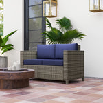 Rattan Wicker 2-seat Sofa Loveseat Padded Garden Furniture | Navy Blue
