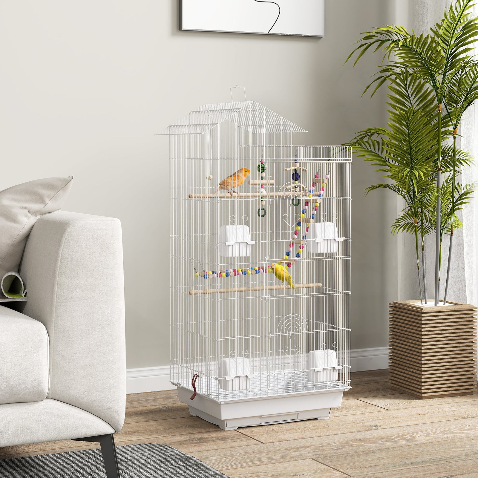 Bird Cage For Budgies, Finches, Canaries W/ Toys, Tray, White | White