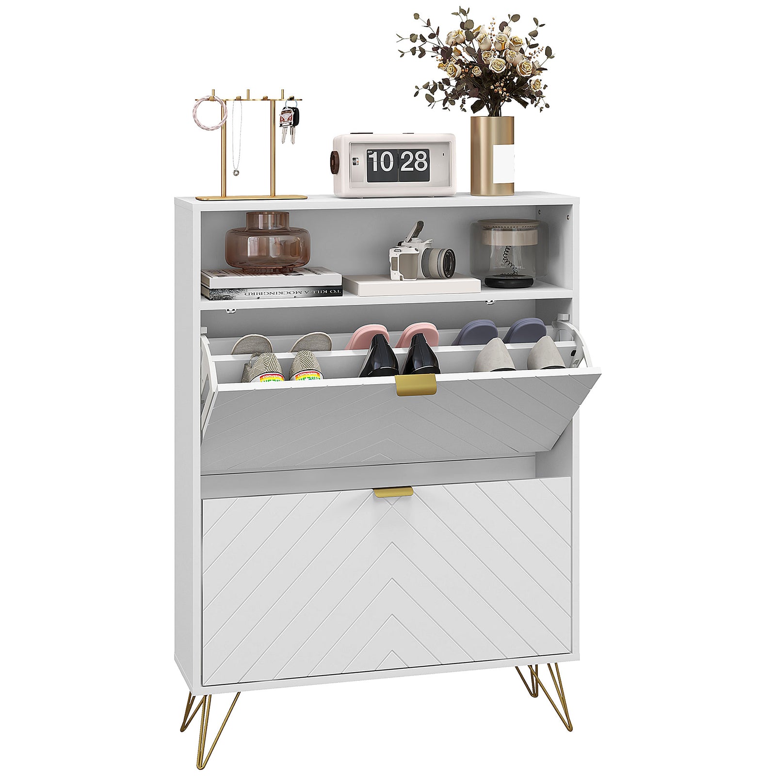 Narrow Shoe Storage Cabinet With 2 Flip Drawers For 12 Pairs