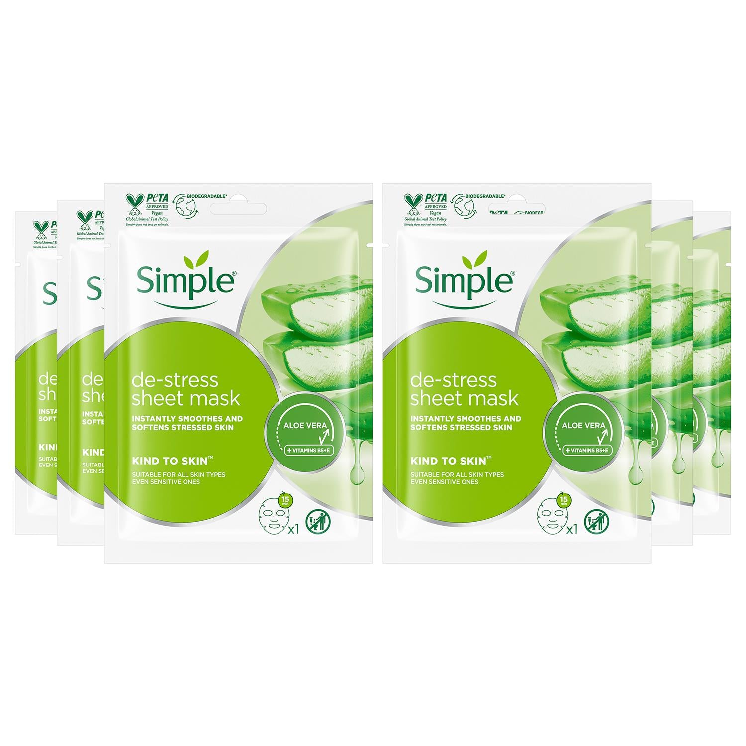 Kind To Skin De-stress Sheet Mask W/ Aloe Vera For All Skin Types,10x21ml | Set of 10 | White