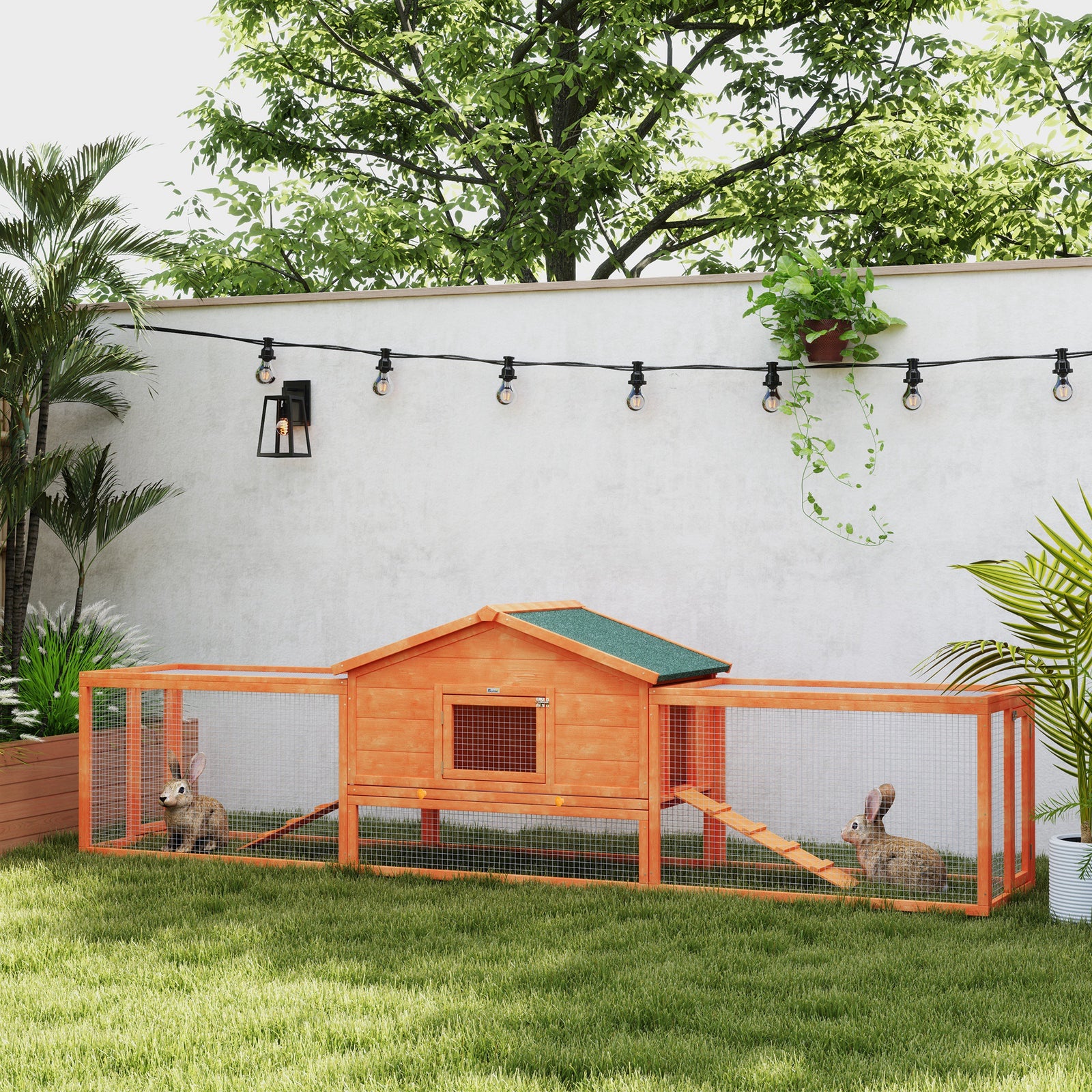 Wooden Rabbit Hutch Guinea Pig Hutch, Orange, 309 X 70 X 87cm