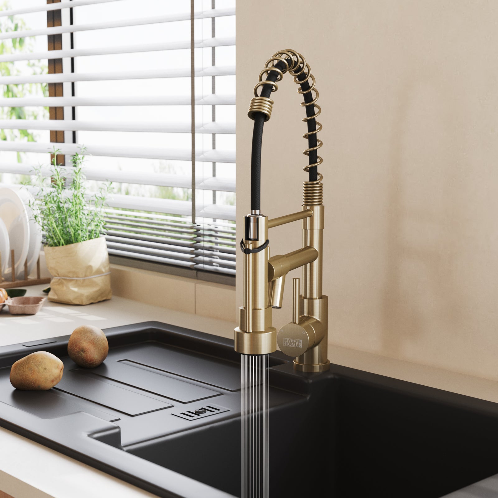 Stainless Steel Kitchen Faucet With Pull Down Spring Spout And Pot Filler | Gold