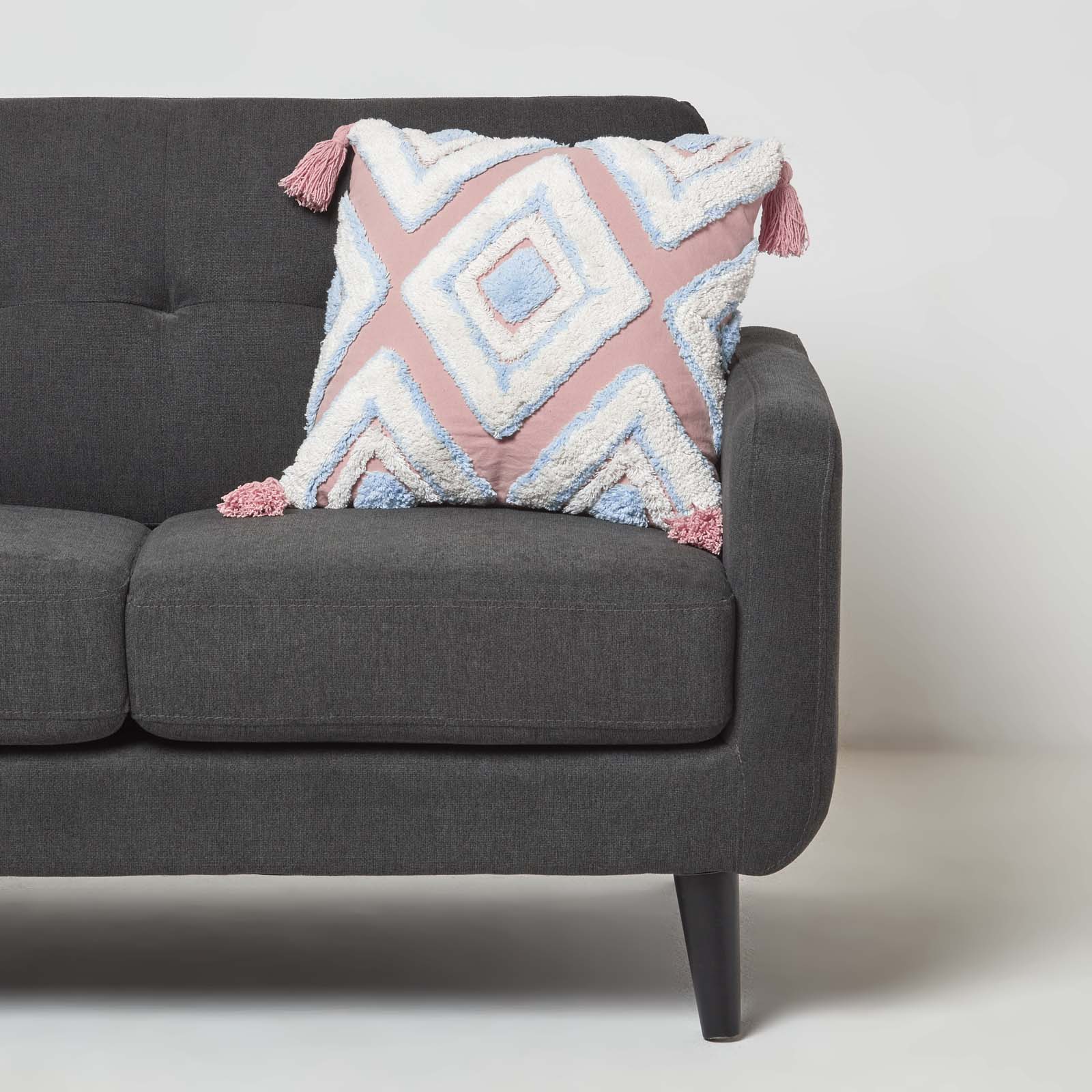 Geometric Ikat Tufted Cotton Cushion With Tassels | 45cm x 45cm | Blue & White