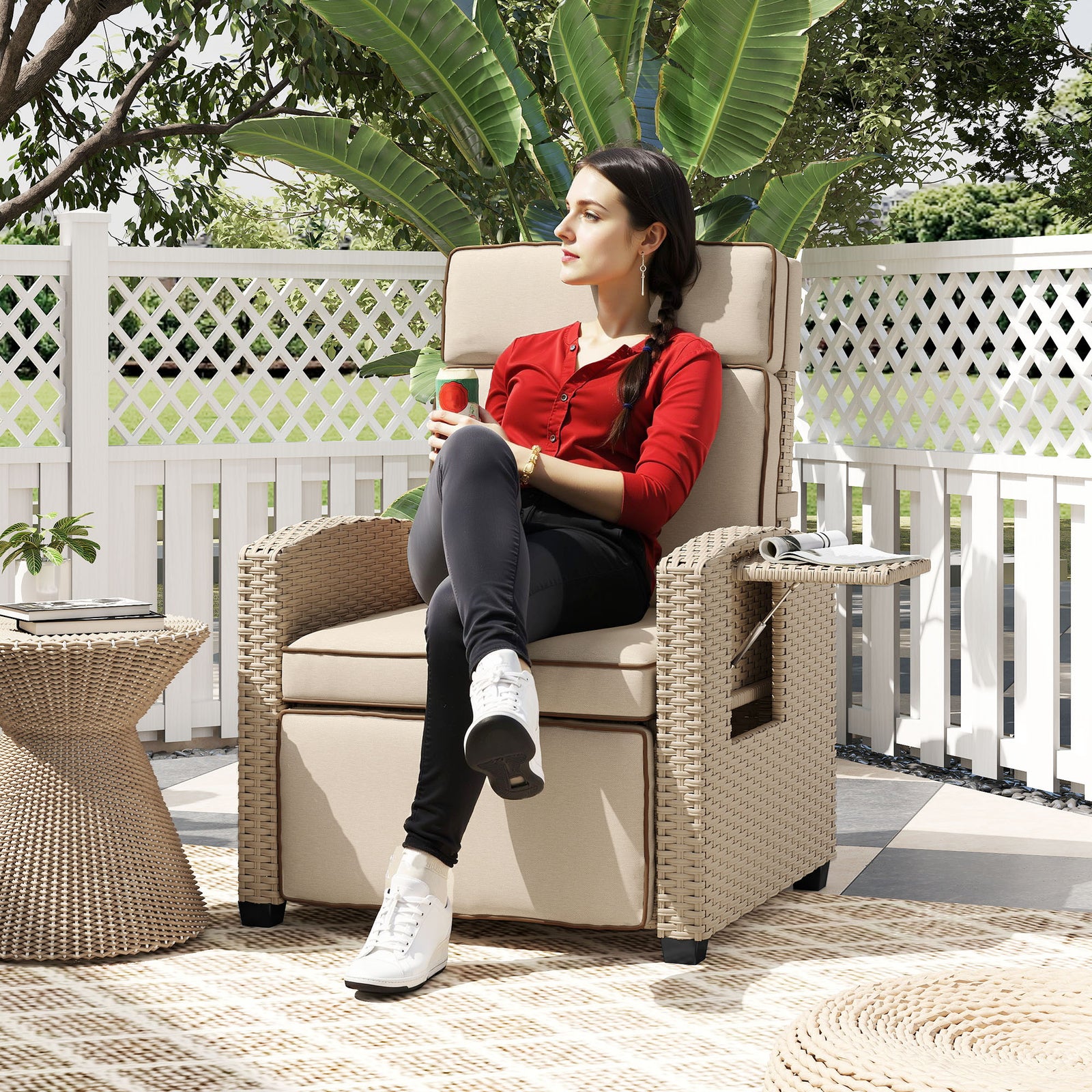 Rattan Recliner Chair, Adjustable Backrest | White