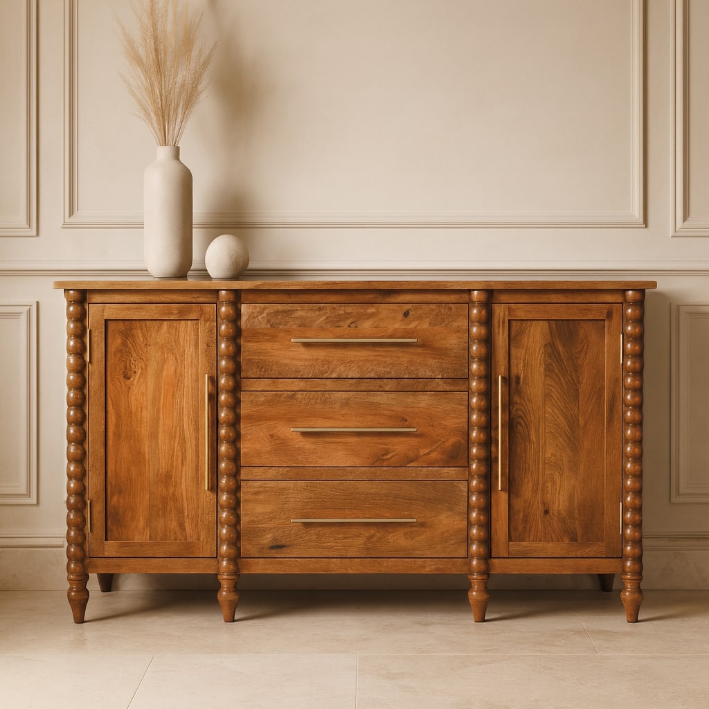 Solid Mango Wood Spindle Sideboard In Light Brown Finish