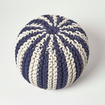 Navy And White Knitted Pouffe Striped Footstool | 50cm x 35cm | Blue & White
