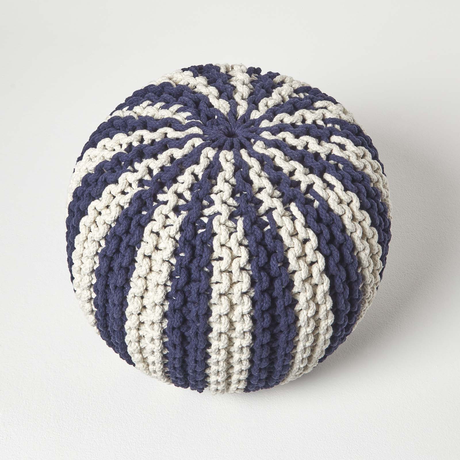Navy And White Knitted Pouffe Striped Footstool | 50cm x 35cm | Blue & White