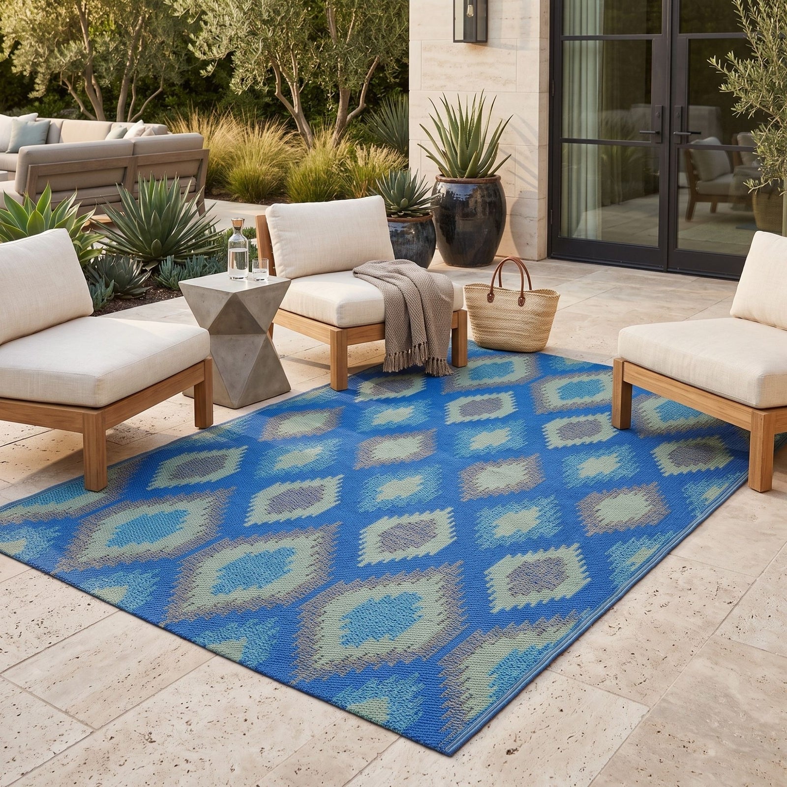 Luxury Outdoor Rug Waterproof Reversible For Garden Patio 100% Recycled, Blue Amber Ikat | 120cm x 180cm | Blue