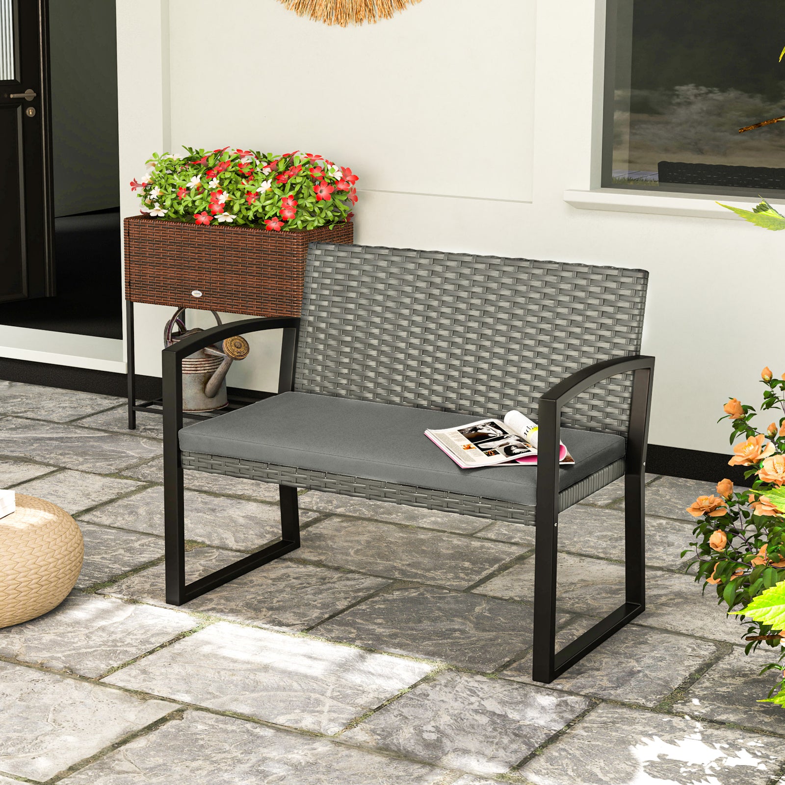 2 Seater Rattan Garden Bench With Cushion, Steel Frame | Dark Gray
