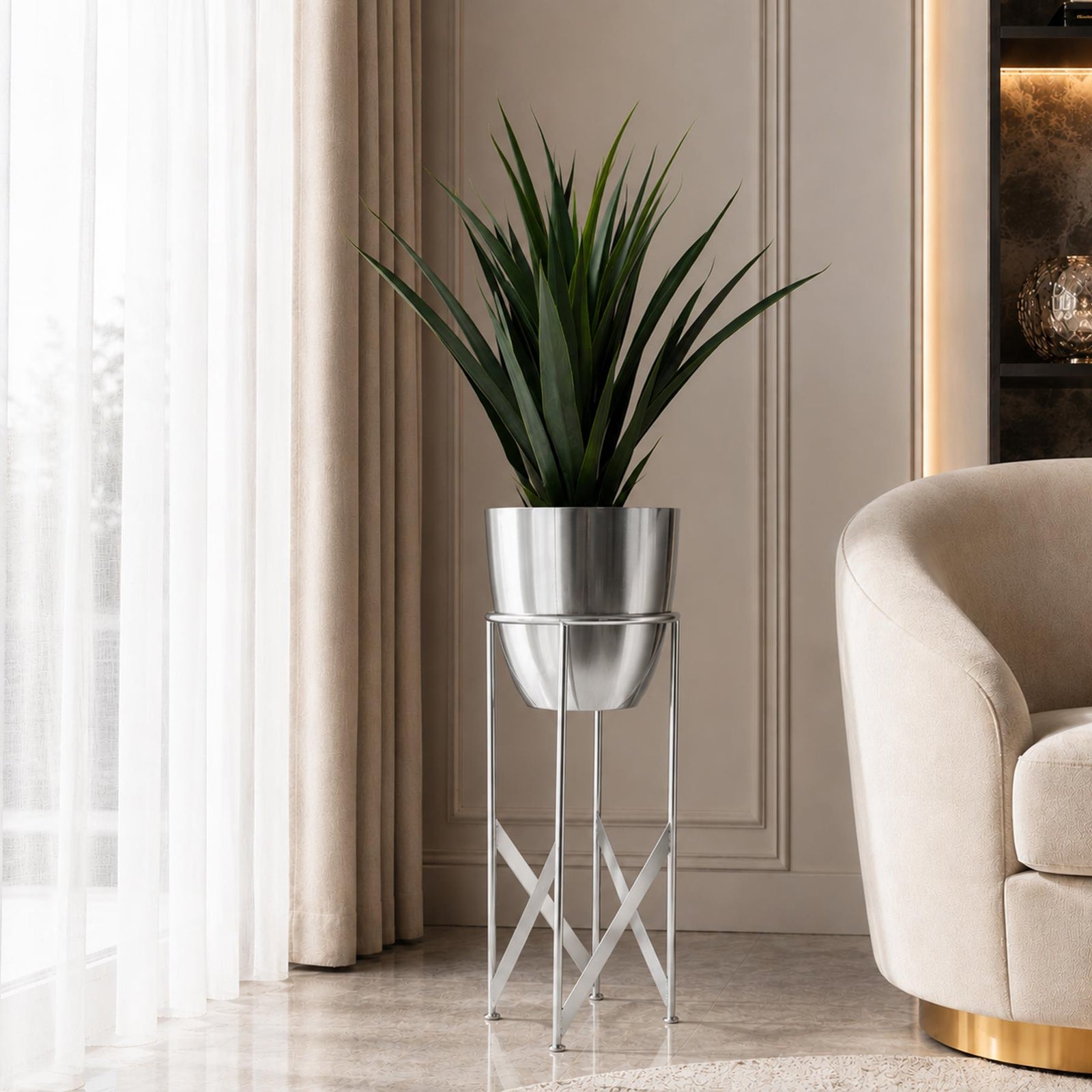 Artificial Yukka Plant Metal Planter Stand 90cm Tall Realistic Premium Botanik | Silver