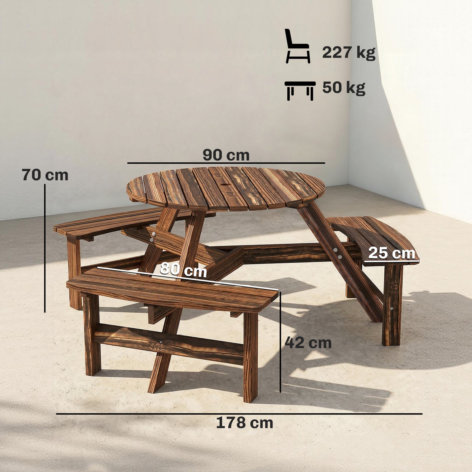 6 Person Fir Wood Table Bench Set Outdoor Garden Patio, Carbonized | Brown