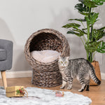 Wicker Cat House, Raised Cat Bed With Cushion, 42 X 33 X 52cm/50 X 42 X 60 Cm | Small | Dark Brown