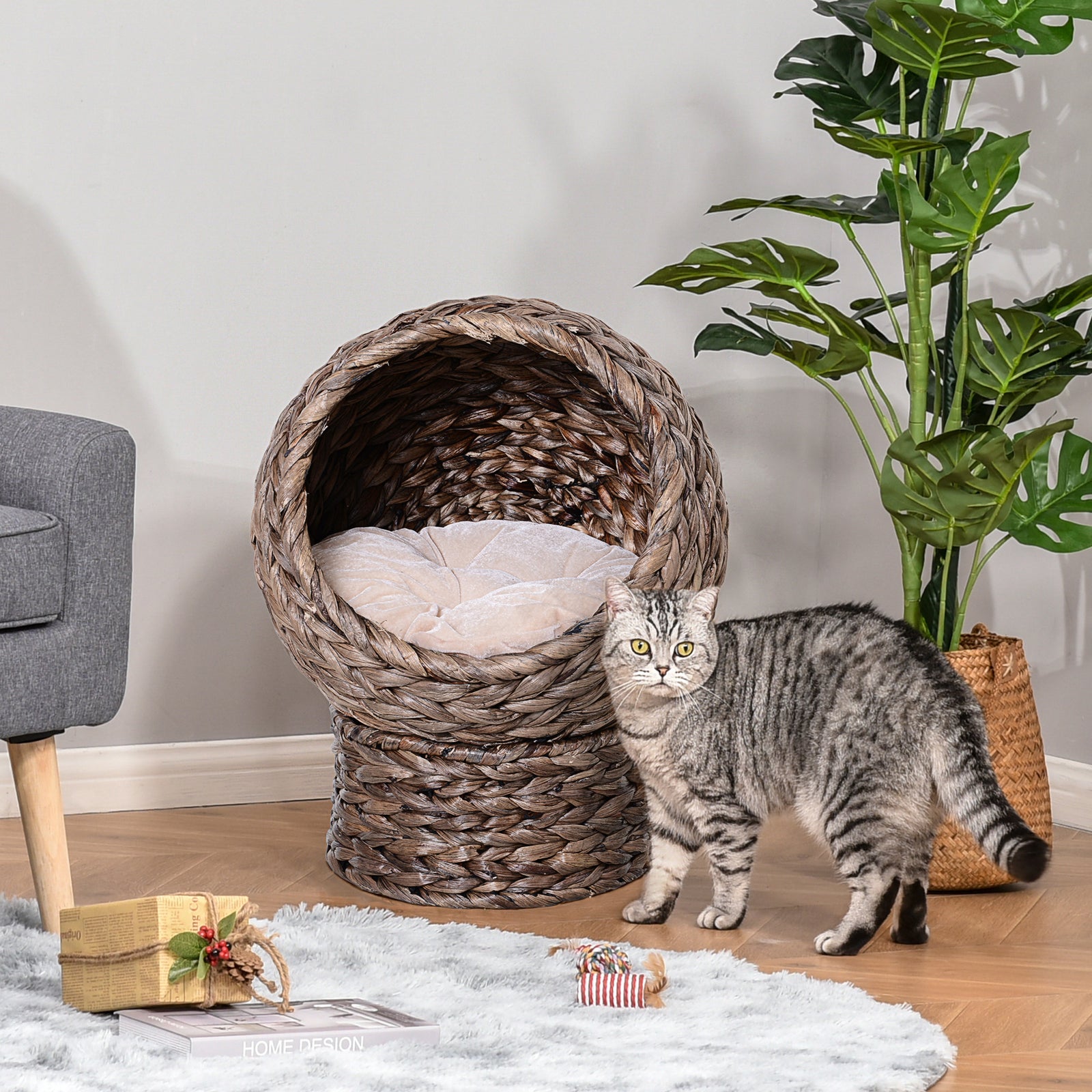 Wicker Cat House, Raised Cat Bed With Cushion, 42 X 33 X 52cm/50 X 42 X 60 Cm | Small | Dark Brown