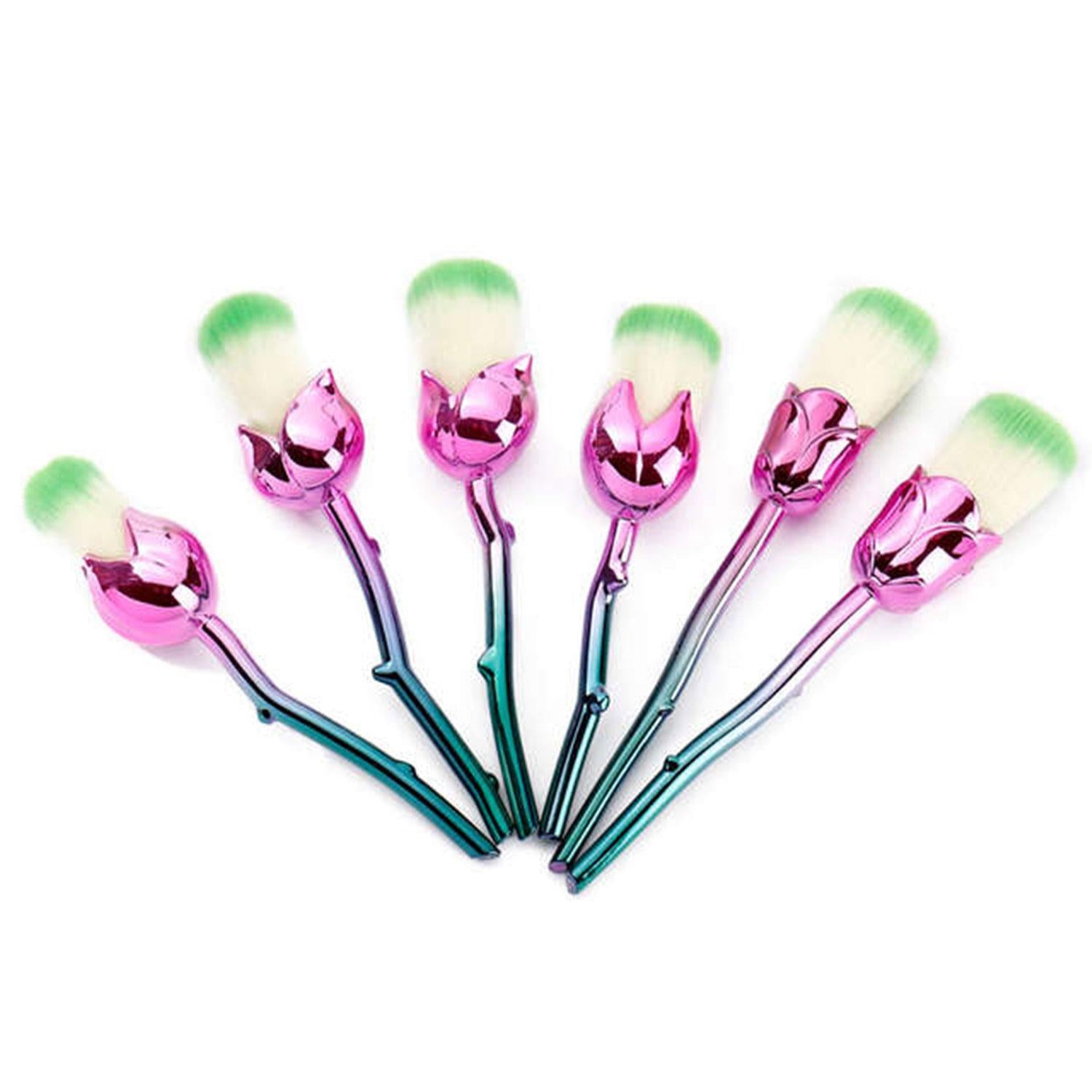 Aquarius 6pcs Rose Makeup Brush Set Pink Blue Flower Sculpted Handle Cosmetic Tool Kit