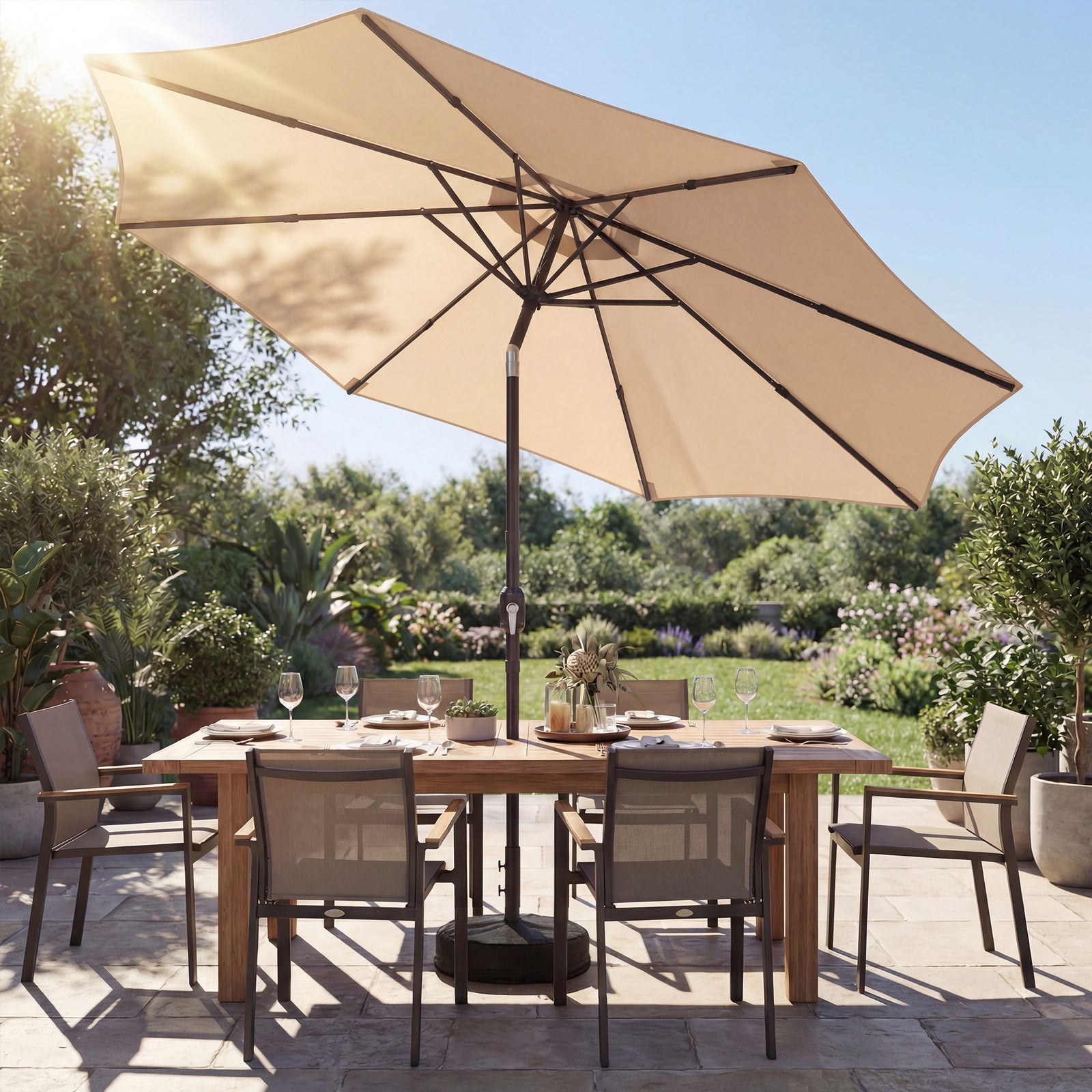 2.7 M Garden Parasol Umbrella With Cross Base, Sandbag | Khaki