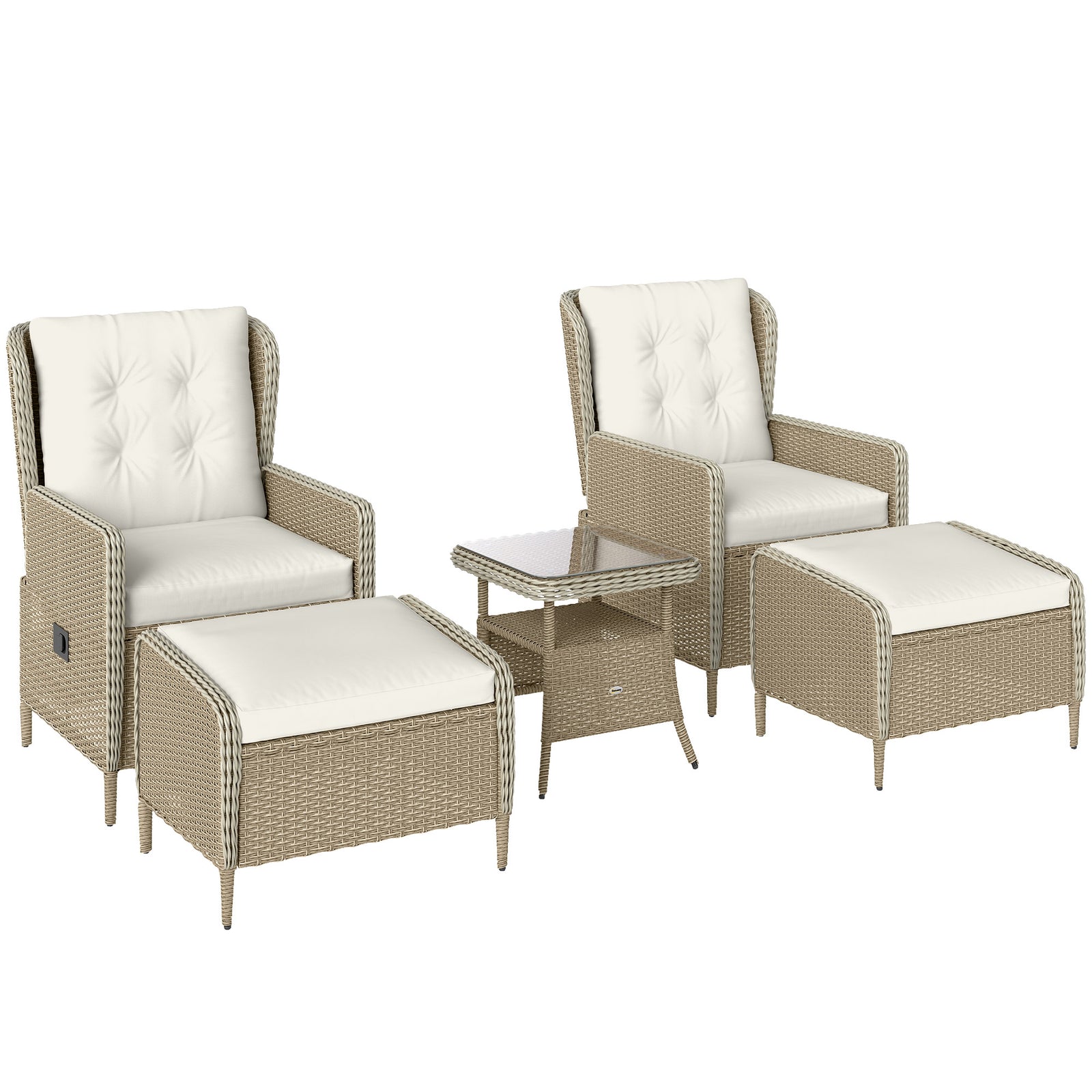 5 Piece Rattan Set With Recliners, 2-tier Coffee Table | Light Grey
