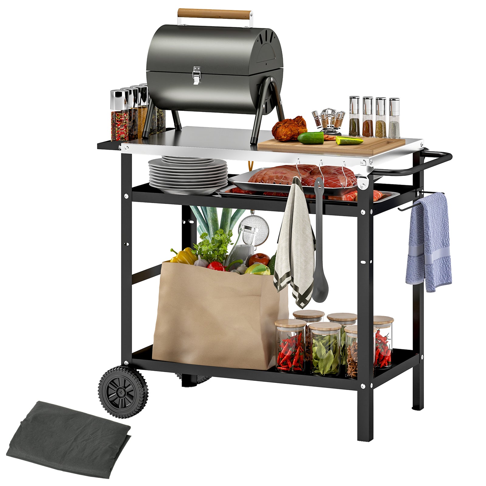 Bbq Trolley W/ Stainless Steel Top, Movable Pizza Table