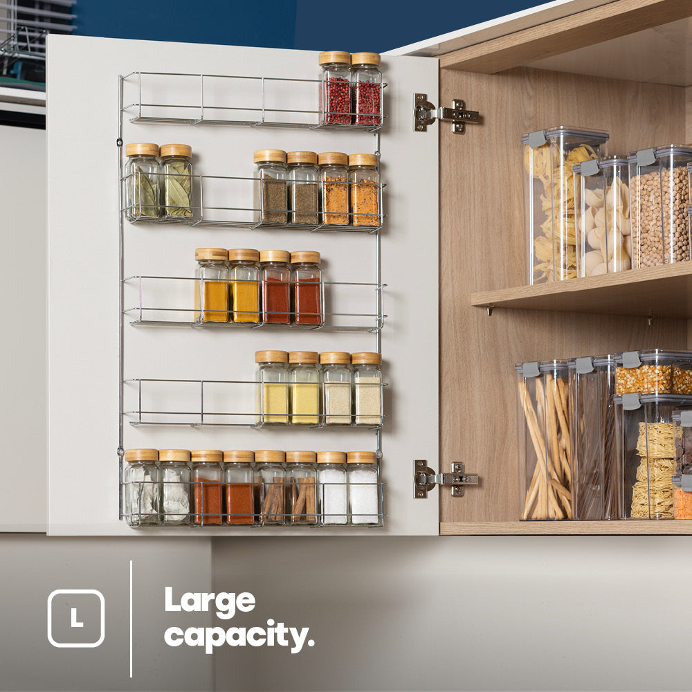 Livivo 5 Tier Cupboard Door Spice Rack Chrome Wall Mounted Kitchen Organiser