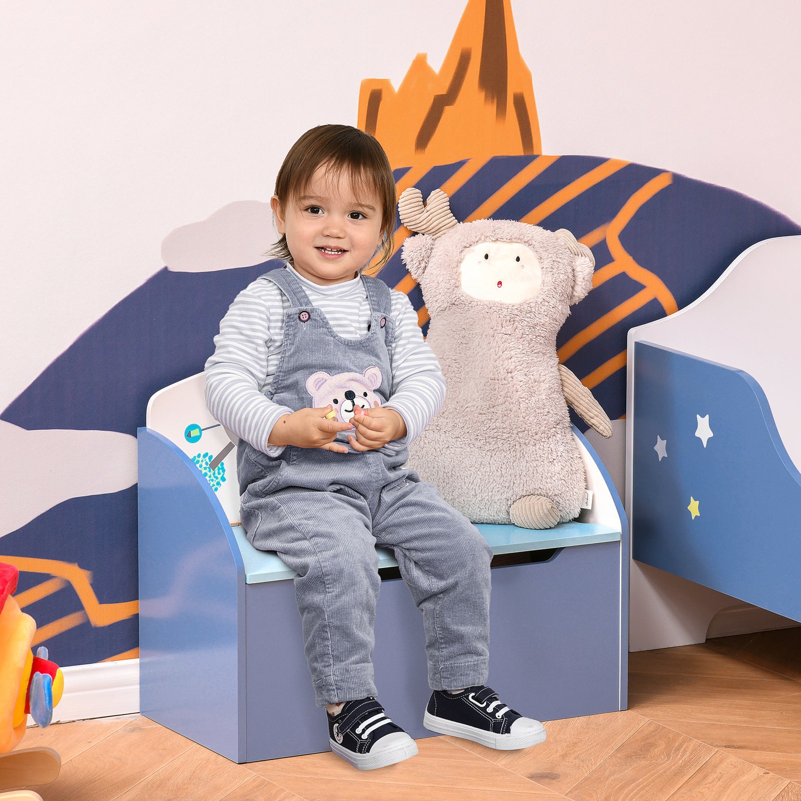 Kids Wooden Toy Box Children Storage Chest Bench Organiser Bedroom | Blue