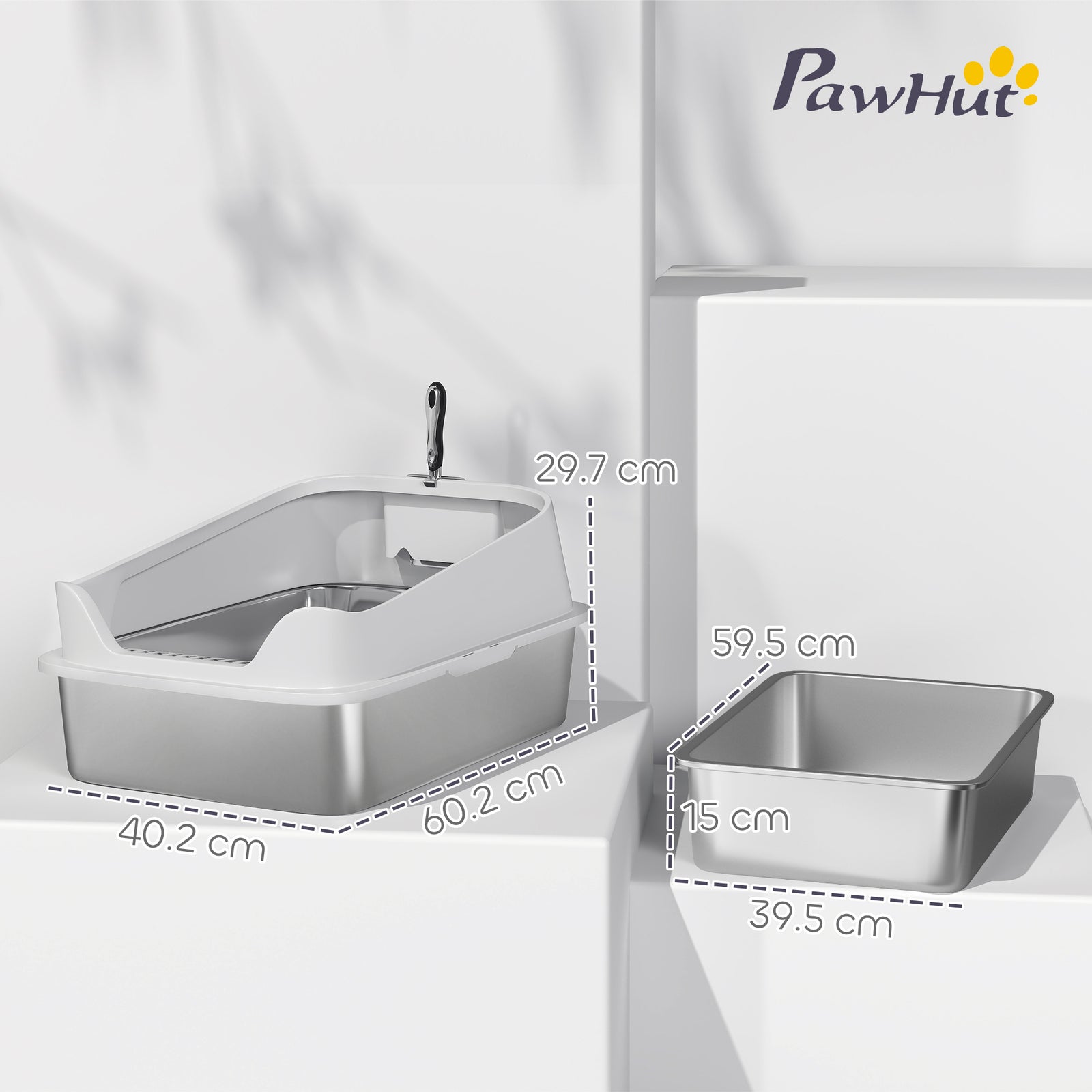 Xl Stainless Steel Cat Litter Box With High Sides, 60 X 40 X 30 Cm | Grey
