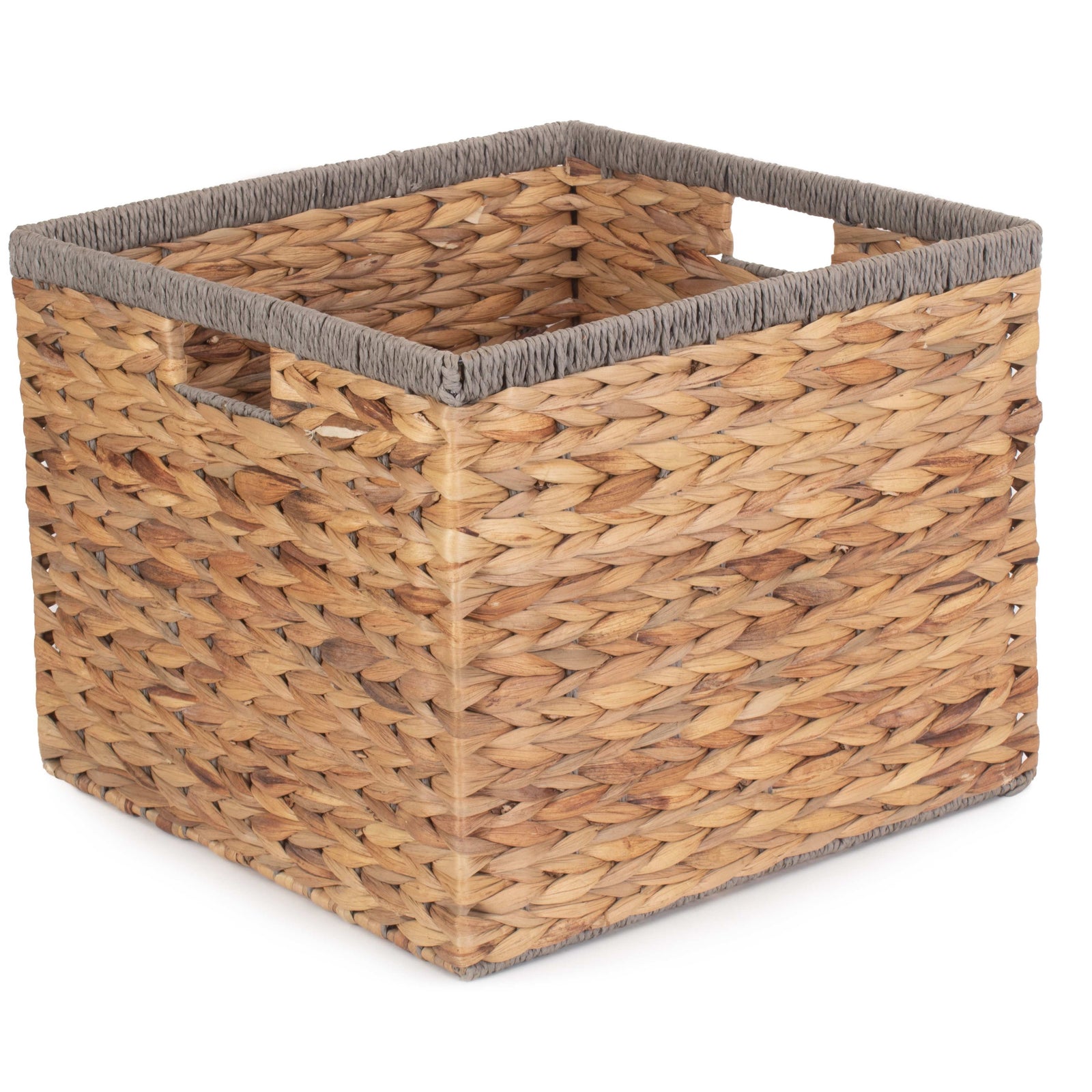Water Hyacinth Square With Grey Rope Border Storage Basket | Large | Brown