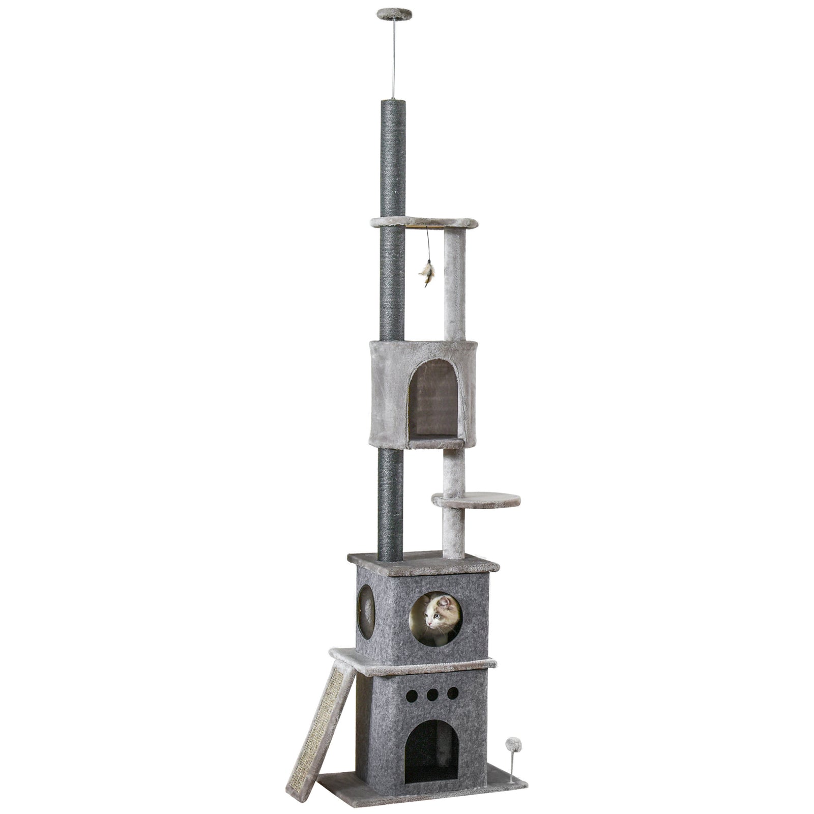 255cm Cat Tree Floor To Ceiling Kitty Activity Center With Double Condo