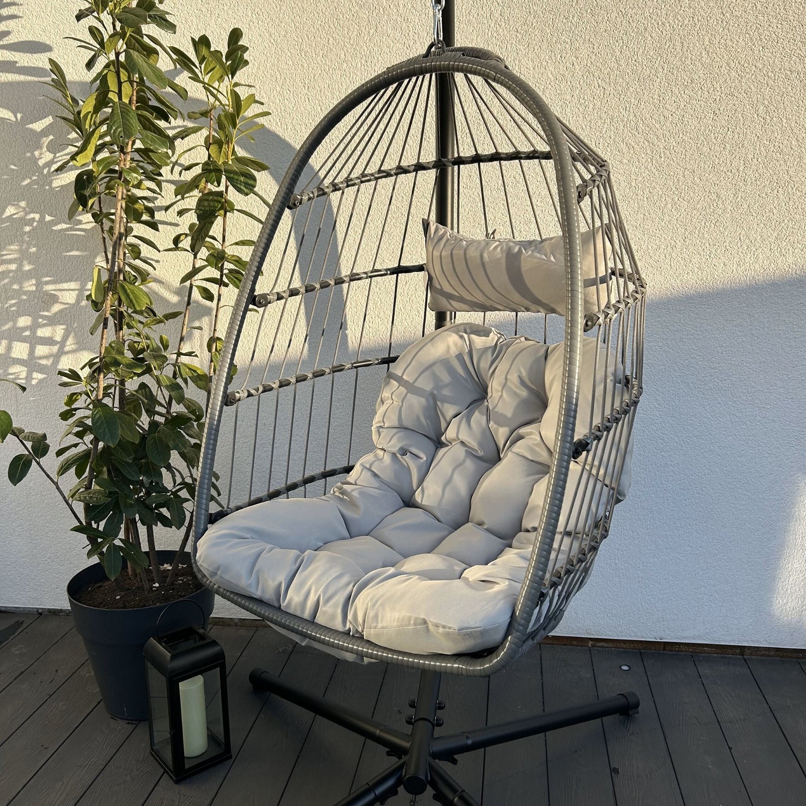 Stylish Azura Hanging Egg Chair With Deep Grey Cushions For Outdoor Relaxation | Gray