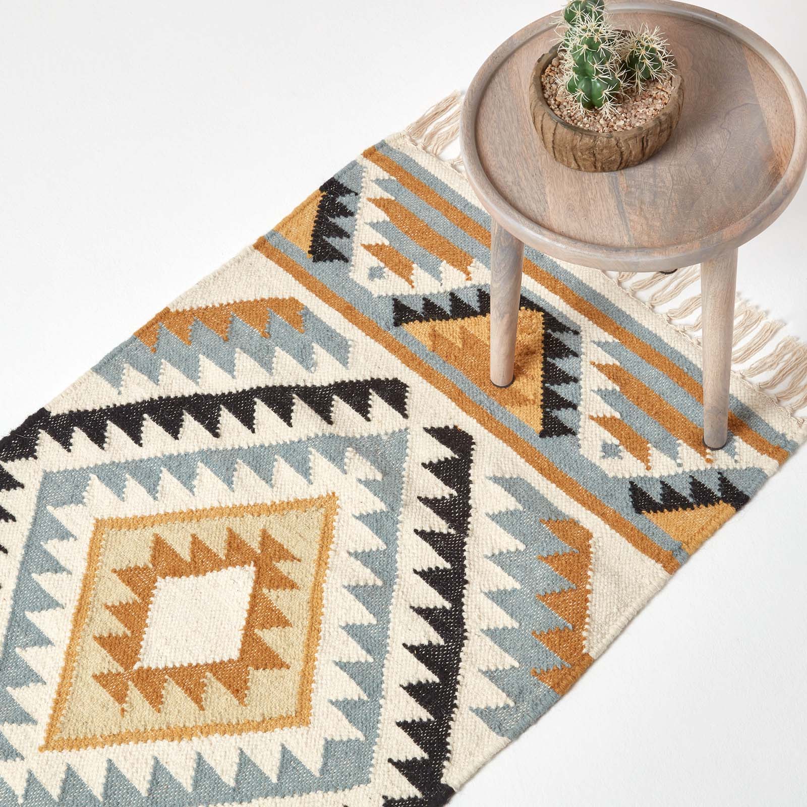 Agra Handwoven Diamond Kilim Wool Rug | 200cm | Yellow & Black