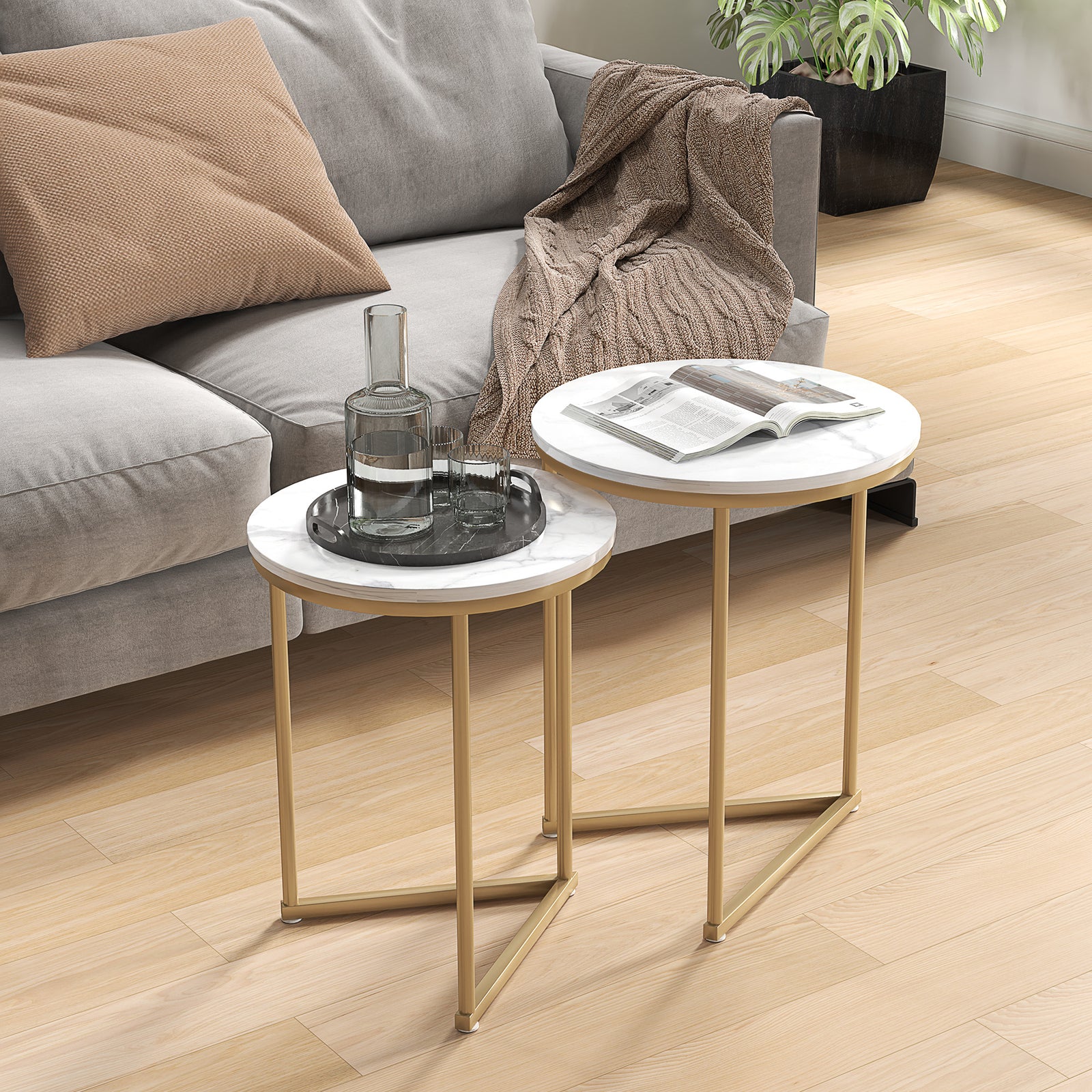 Nesting Coffee Table Set Of 2 With Metal Frame, Gold Tone