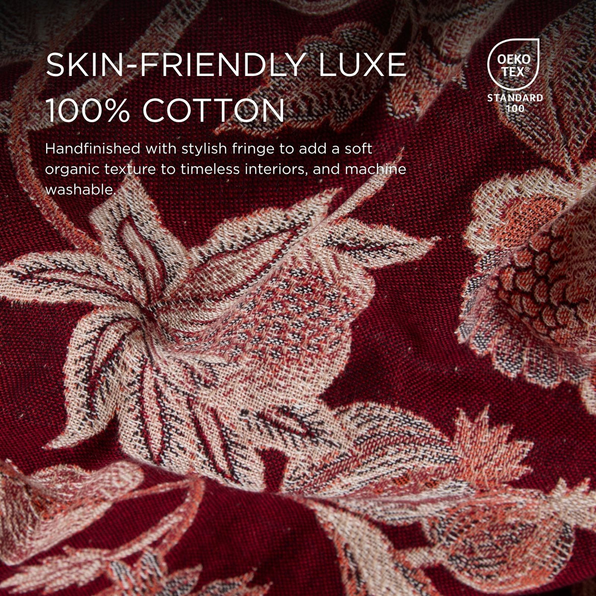 Pure Handmade 100% Cotton Heritage Floral Jacquard Bed & Sofa Throw Blanket, Maroon