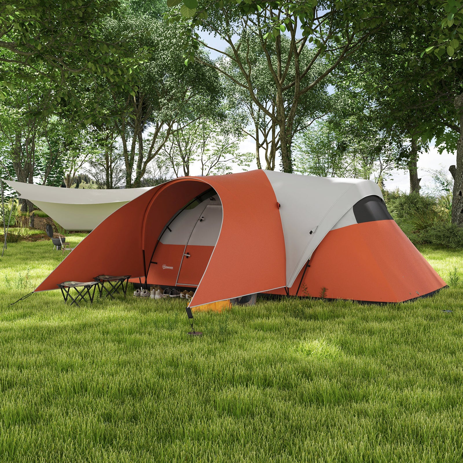 3000mm Waterproof Camping Tent W/ Porch Sewn In Groundsheet | Orange