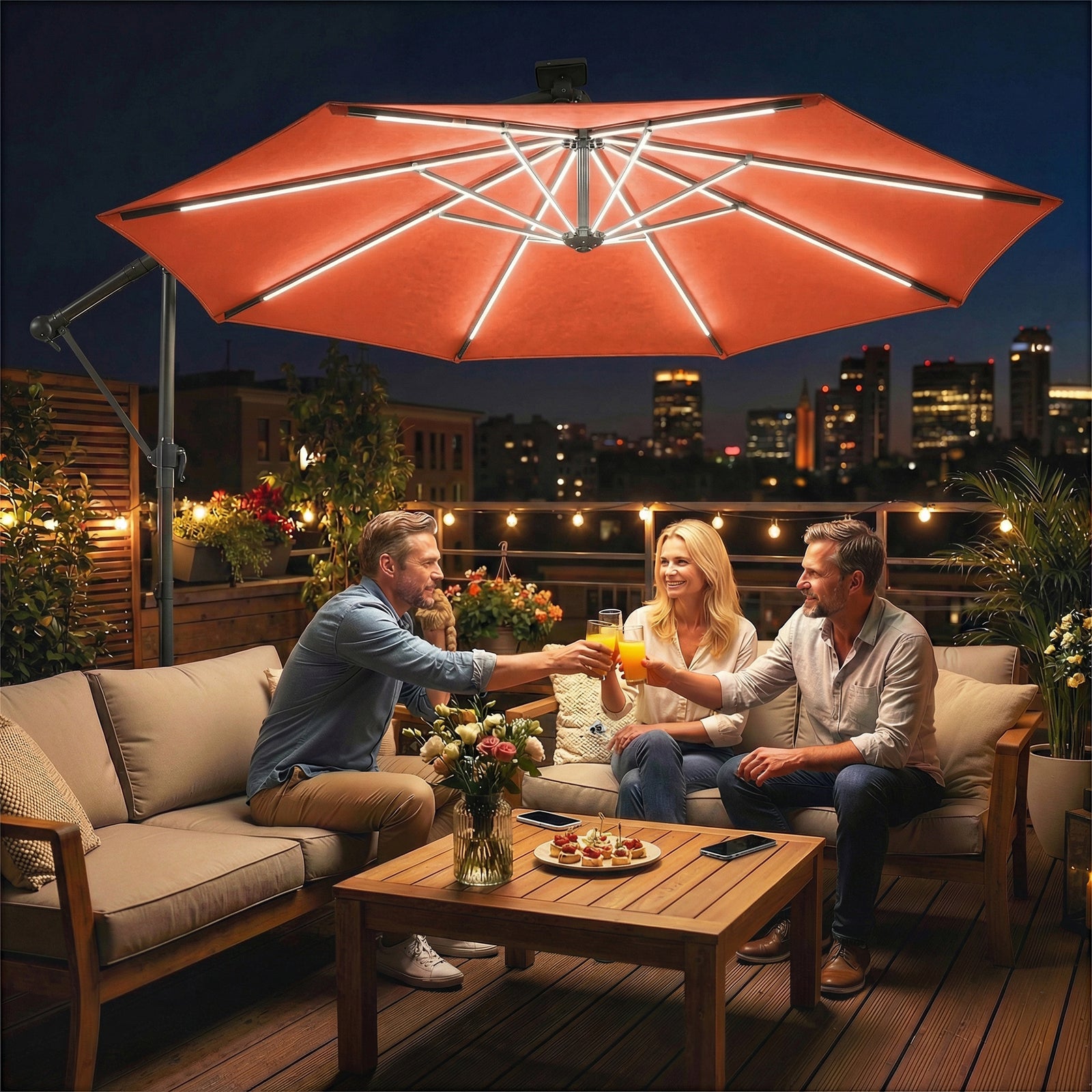 3 M Garden Cantilever Parasol With Solar Light, Rotation | Orange