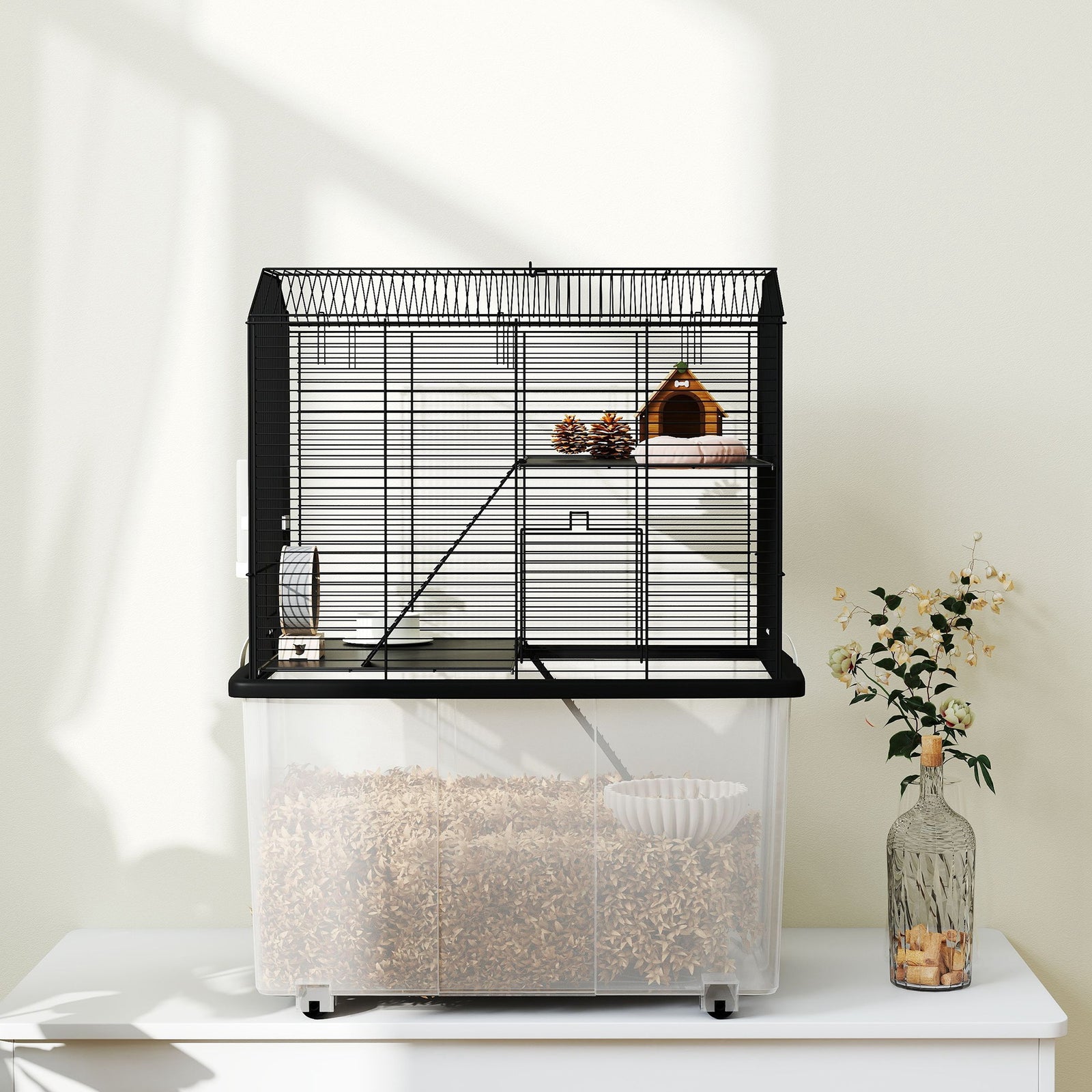 Hamster Cage, Three-tier Gerbil Cage W/ Deep Bottom, Ramp, Food Dish | Black