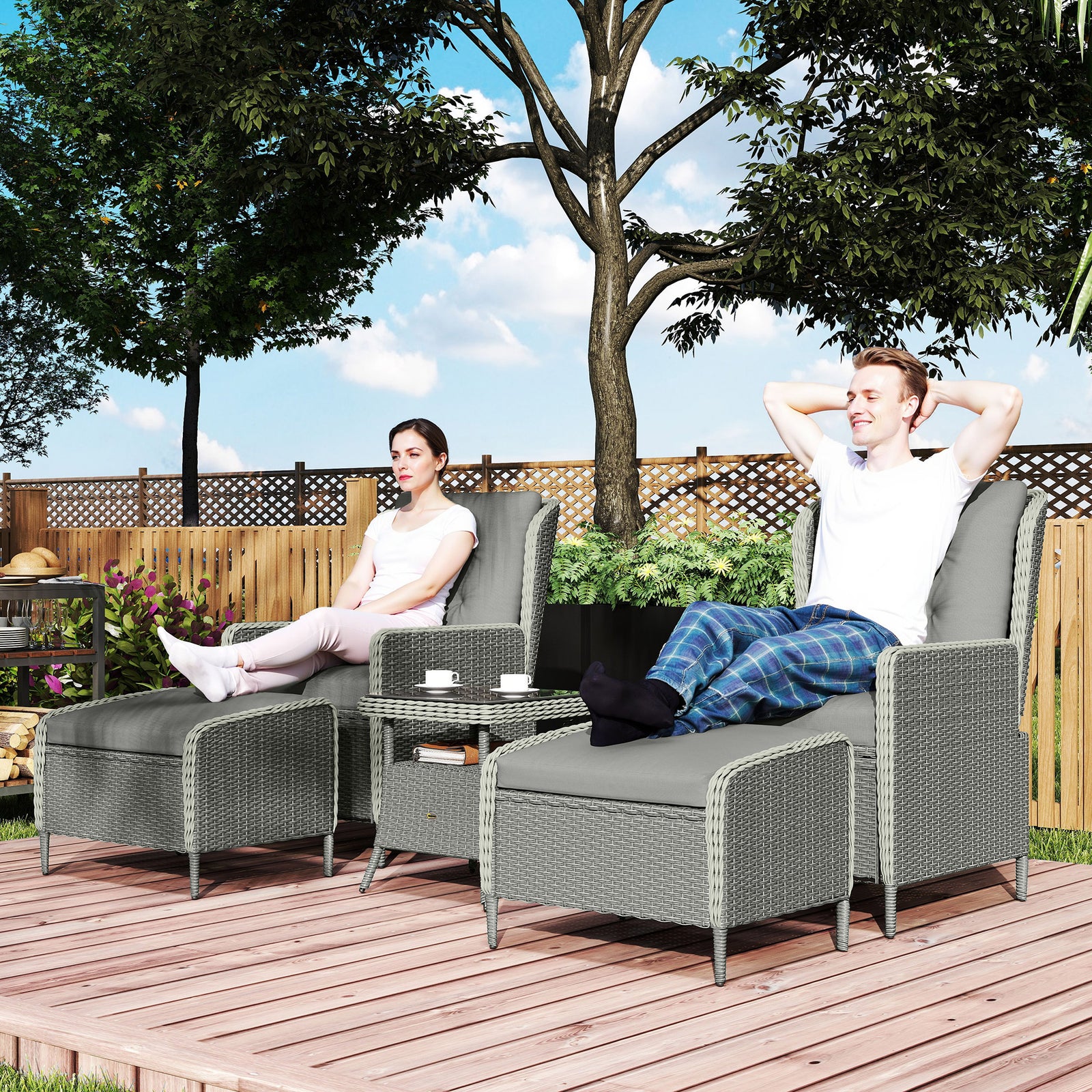 5 Piece Rattan Set With Recliners, 2-tier Coffee Table | Charcoal Grey