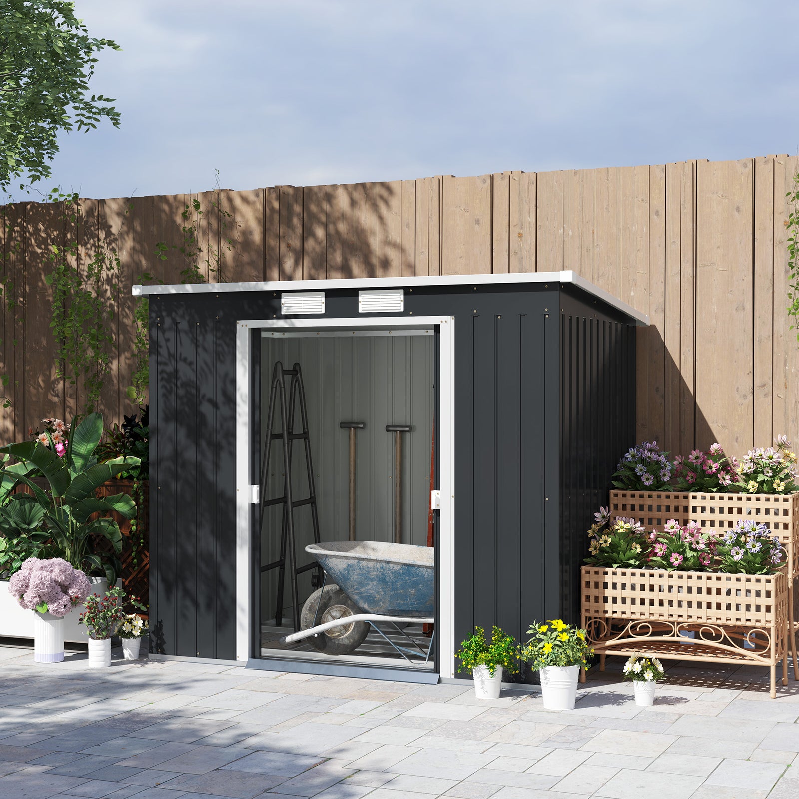 7 X 4ft Garden Shed With Foundation Kit, Double Door & Vents