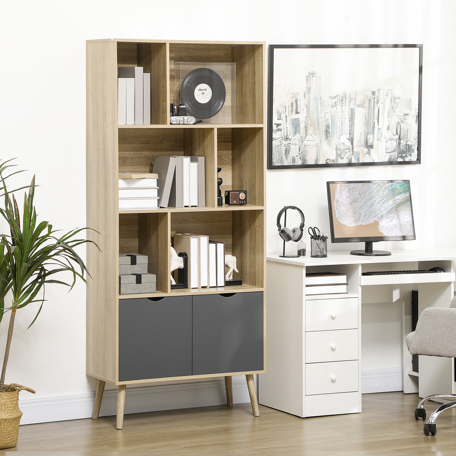Freestanding Bookshelf With Bottom Cabinet And 6 Shelves