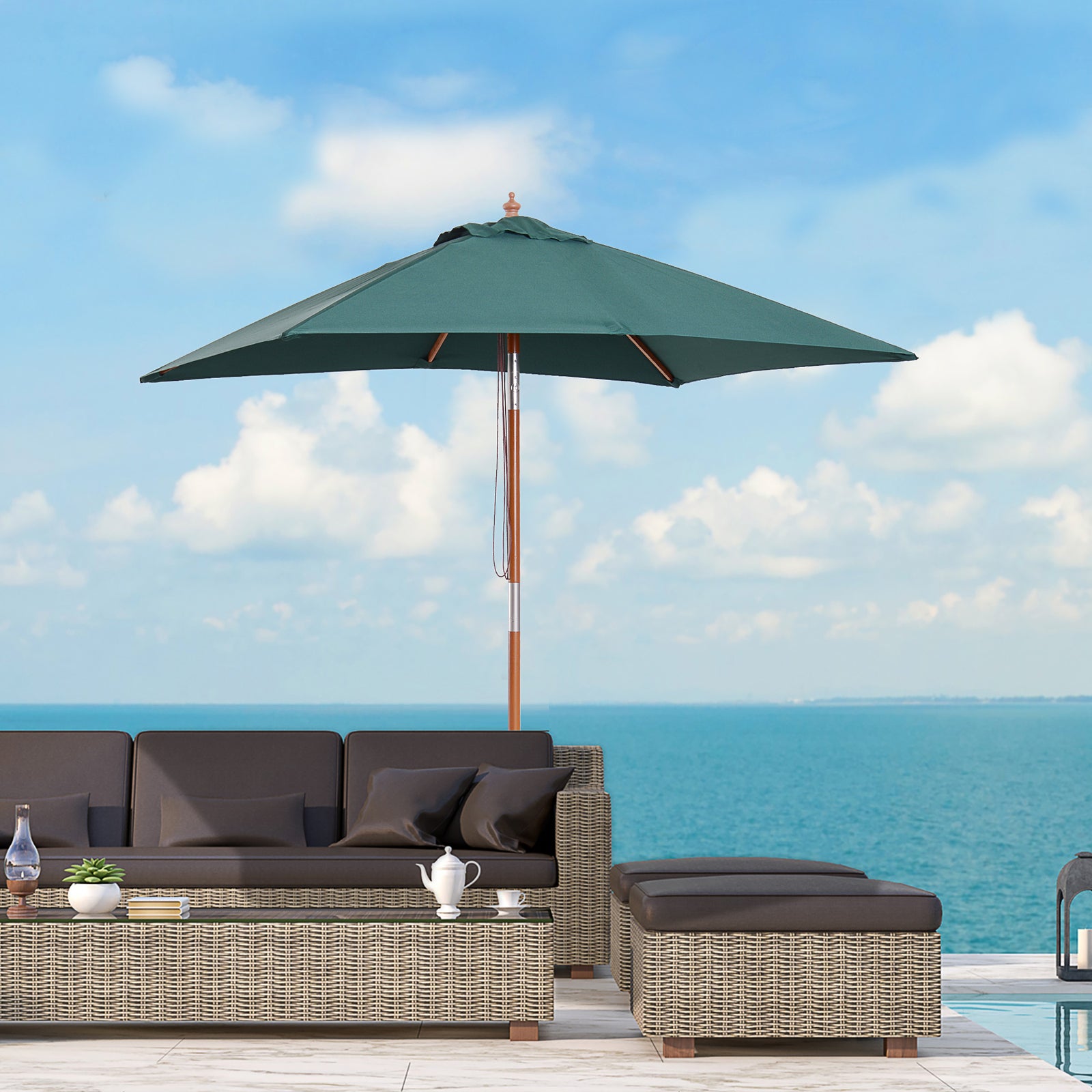 2x1.5m Wooden Patio Umbrella Parasol | Green