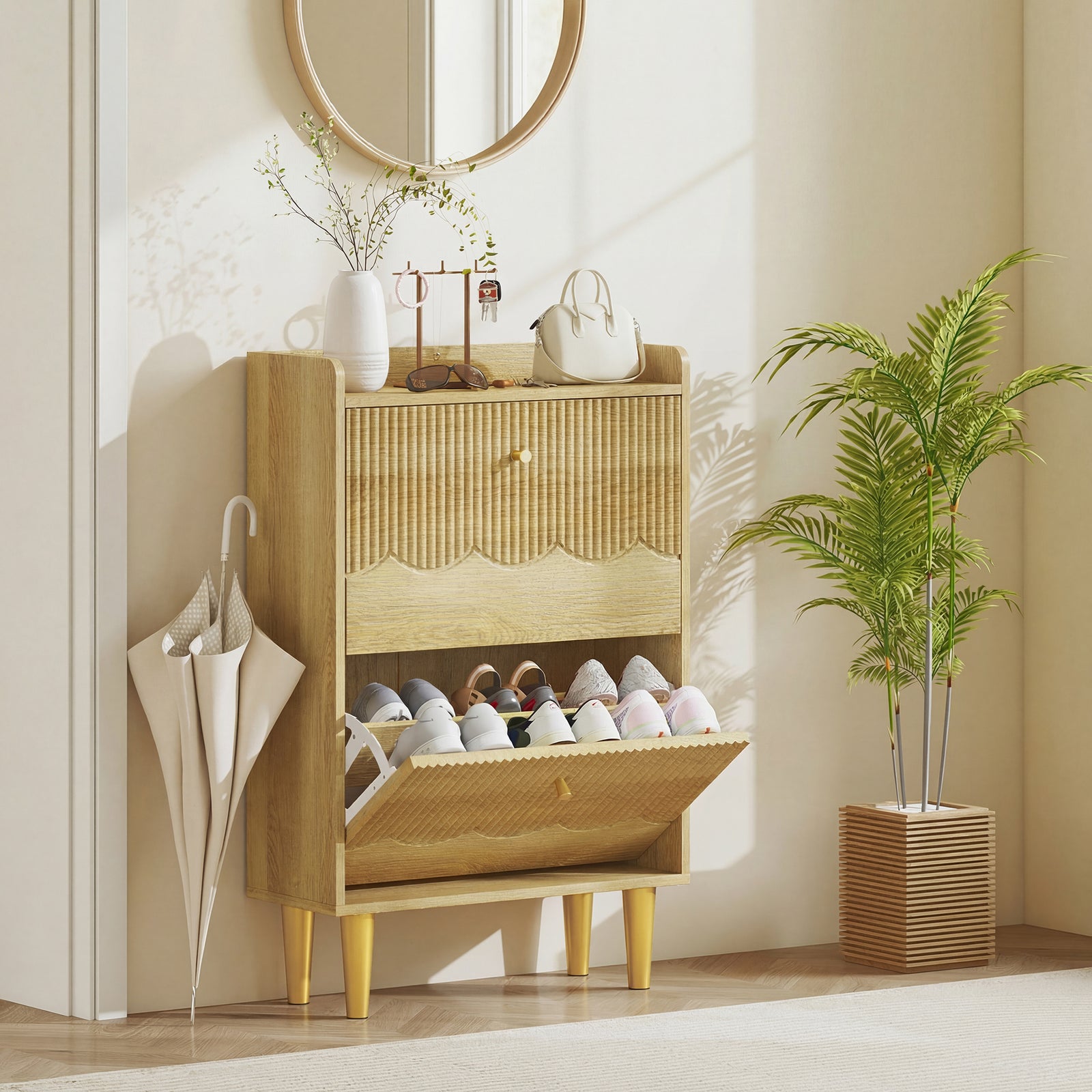 Narrow Shoe Cabinet, Shoe Storage Cabinet With Flip Drawers, Oak | M | Oak