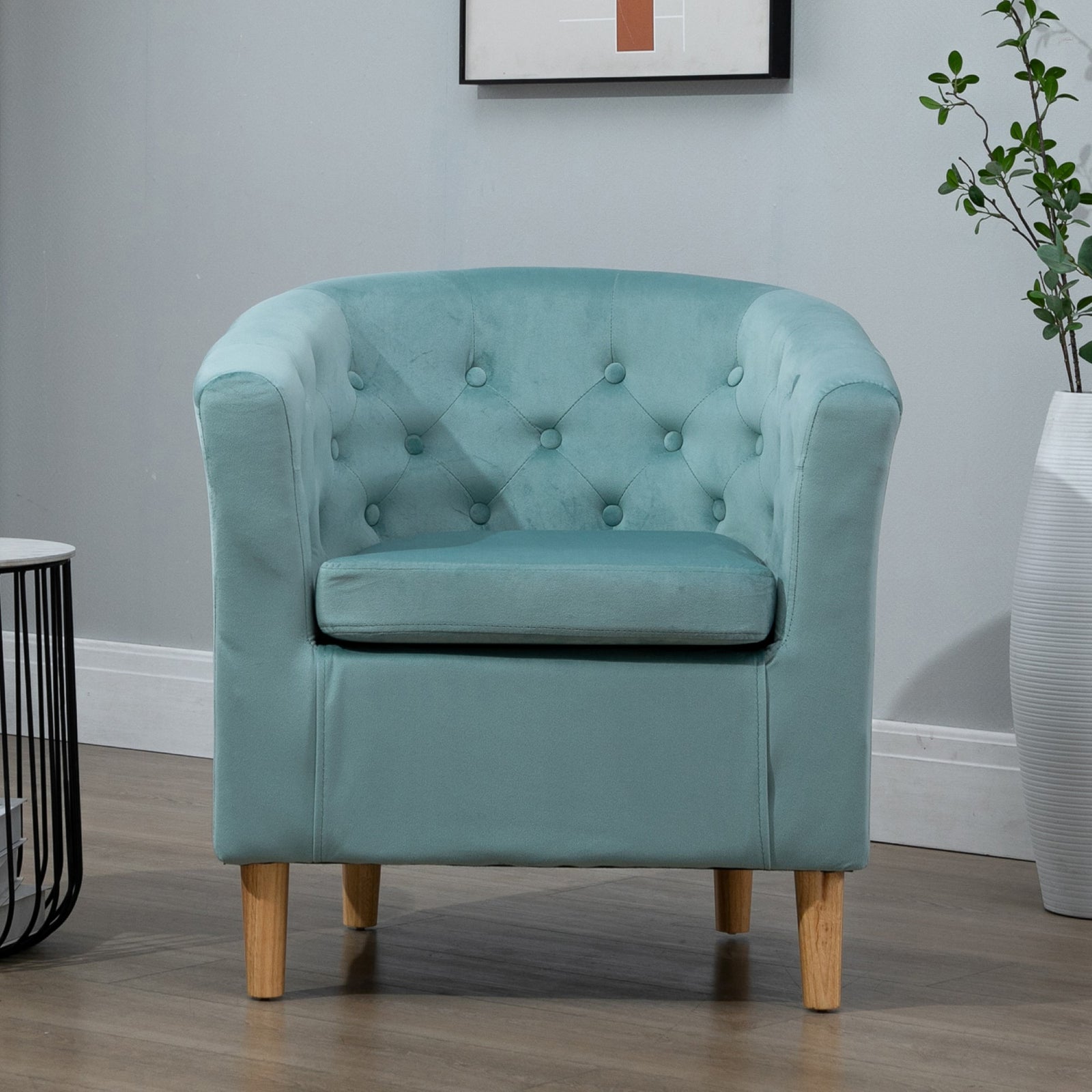 Clio 68cm Wide Velvet Fabric Studded Back Accent Chair With Dark And Light Wooden Legs | Baby Blue
