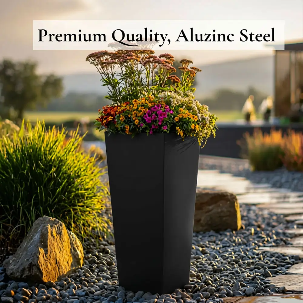 Zinc Galvanised Tall Flared Tapered Square Planter | 30cm x 30cm x 70cm | Matte Black