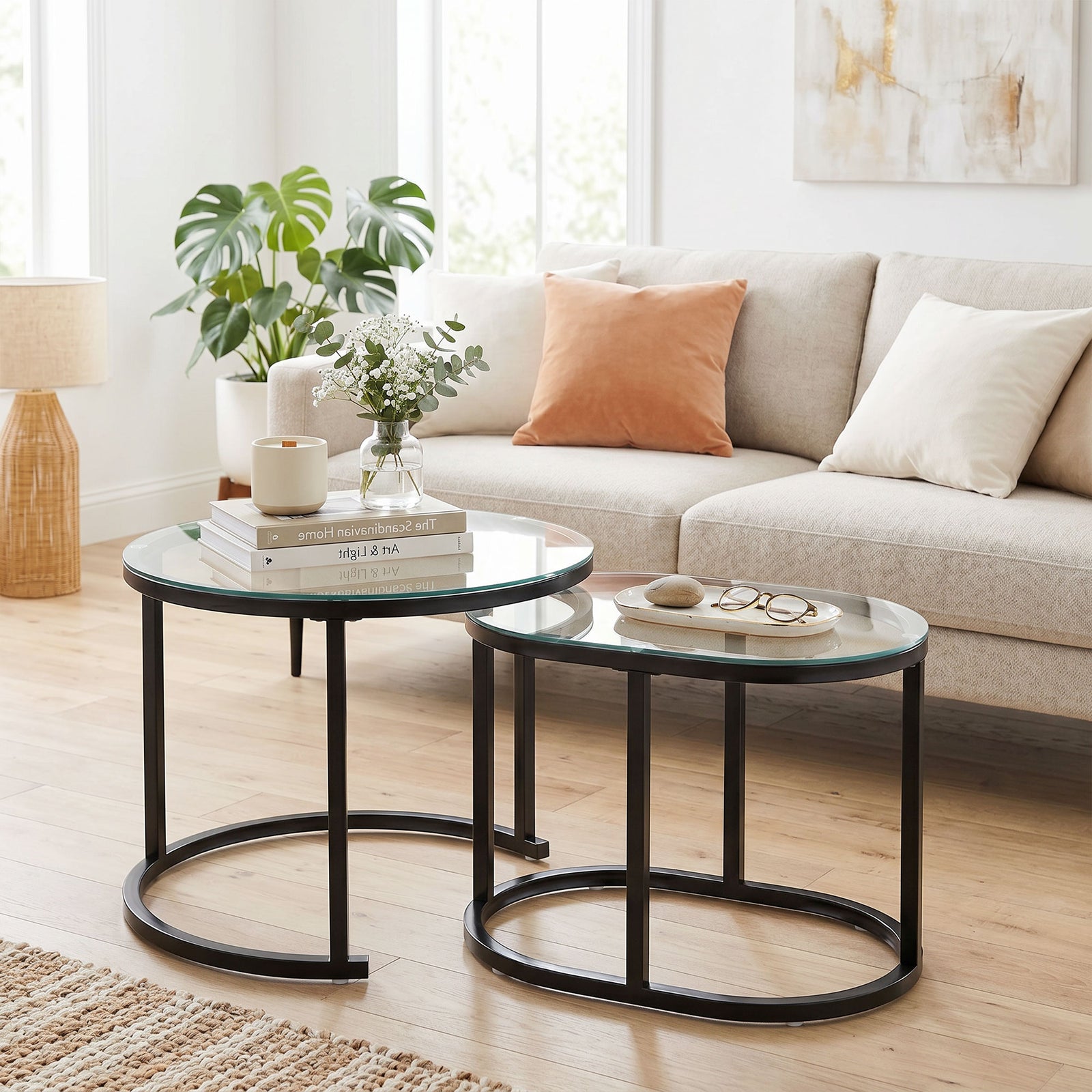 2 Pcs Modern Coffee Table With Tempered Glass Side Tables | Black