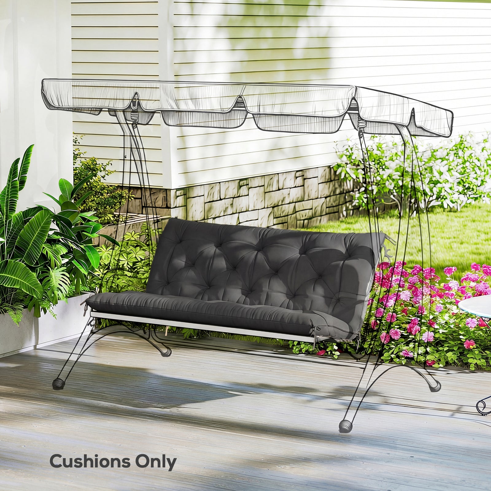 Garden Bench Cushion, Seat Pad With Ties, Black | Black