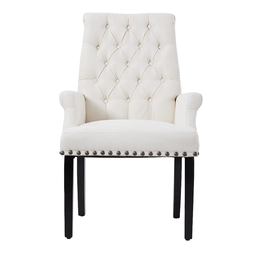 Classic Upholstered Armchair Tufted Back Fabric Dining Chair With Nailhead Detailing | White